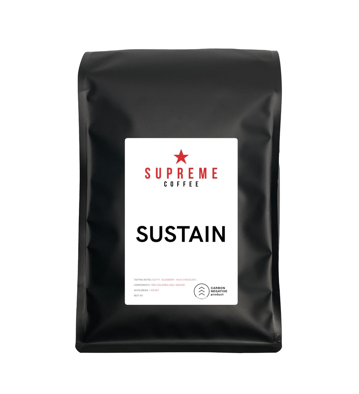 SUSTAIN by SUPREME COFFEE | Bullet Proof Blend | 1Kg Wholebean Coffee | Medium Roast | Ethical & Carbon-Neutral | Fairtrade & Rainforest Alliance Coffee Milk Chocolate Nutty Blueberry 1.00 kg (Pack of 1)