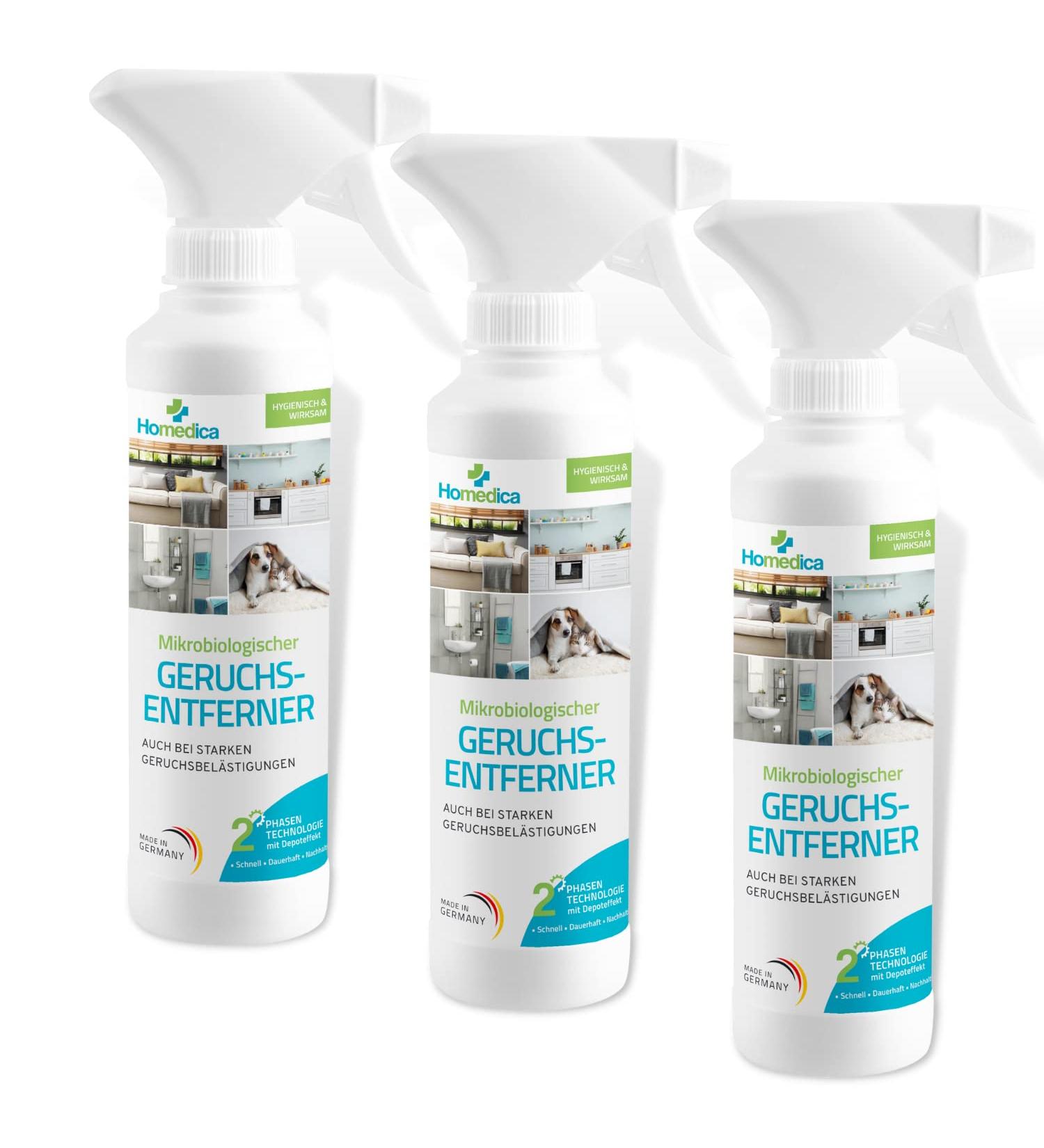 Homedica Odor Remover Spray 3x250ml - Vegan Microbiological Enzyme Cleaner for Textiles Upholstery & Animal Skins - Made in Germany | Eliminate Unpleasant Odors - Buy Online on GoSupps.com