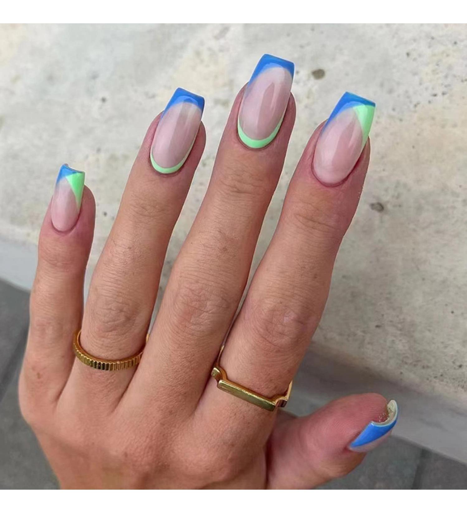 24 Pcs Square Blue and Green French Press on Fake Nails - Medium | Ballerina Stick on Acrylic False Nails with Glue for Nail Art - Buy Online on GoSupps.com