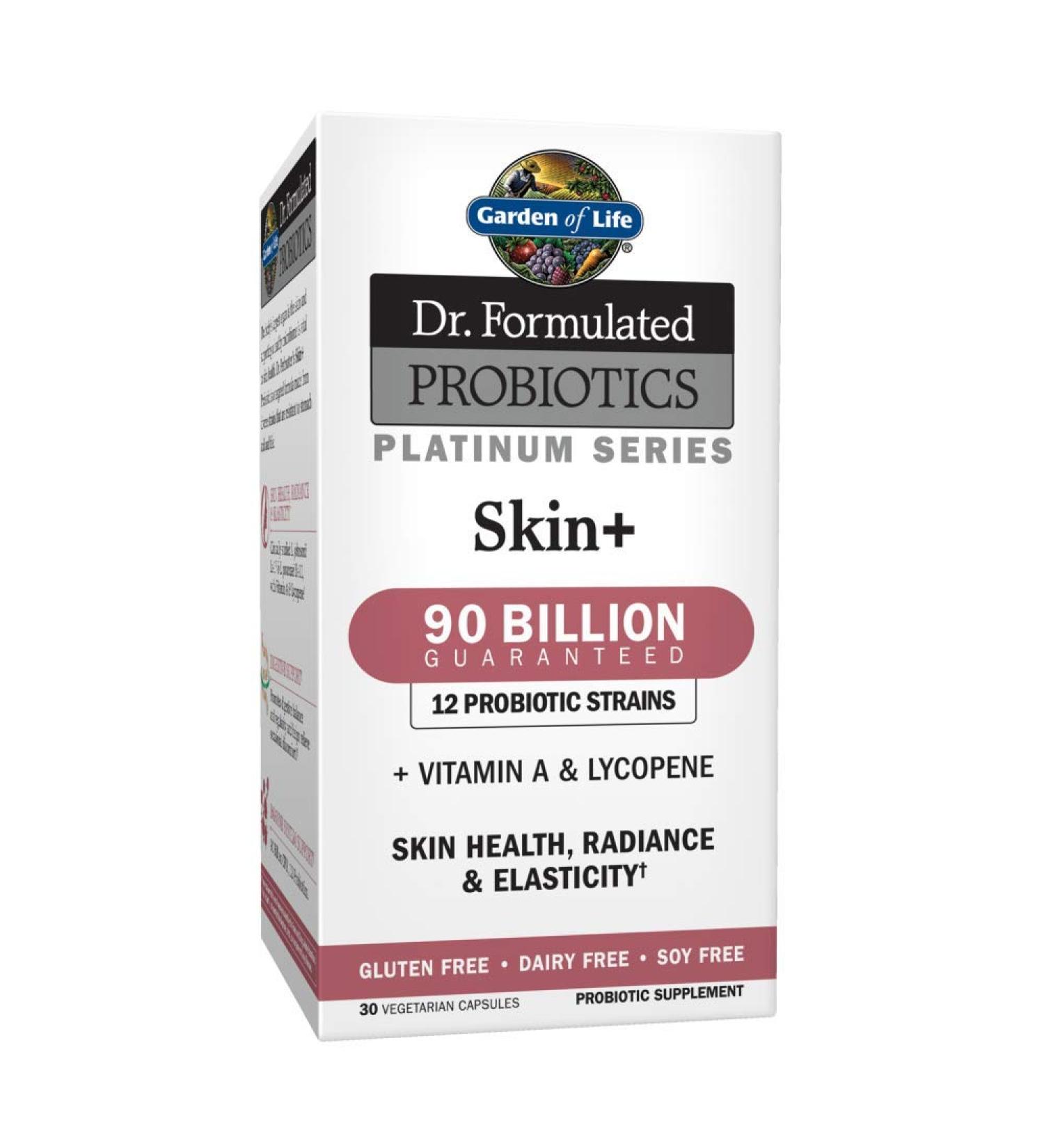 Garden of Life Dr. Formulated Platinum Series Skin+ Probiotic Supplement - 90 Billion CFU, 12 Strains, Vitamin A & Lycopene for Skin Health - 30 Capsules - Buy Online on GoSupps.com