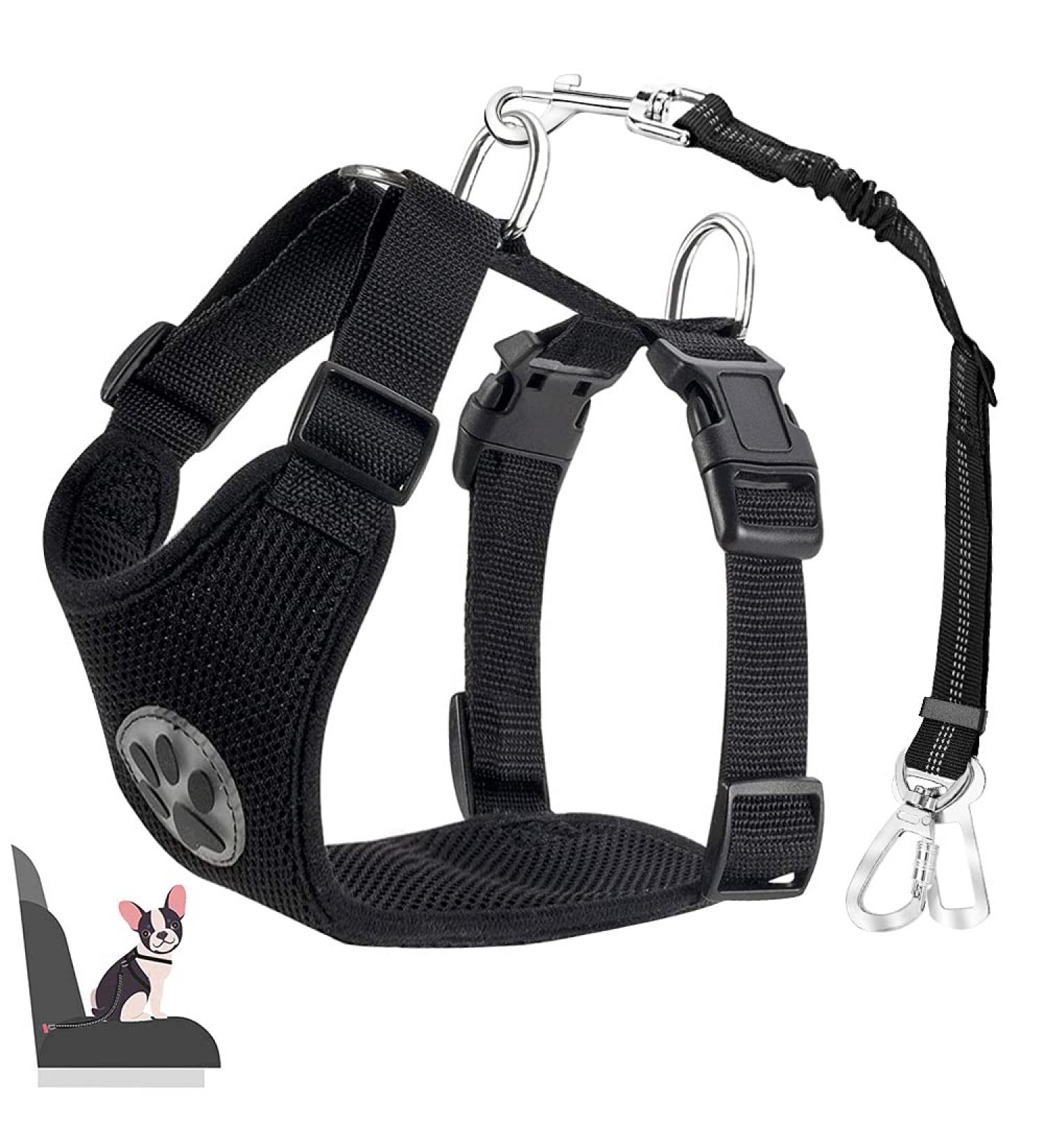 Eyin Dog Harness with Seat Belt for Cars | Adjustable & Breathable - Black XXXS - 2 Carabiner Hooks & Seat Belt Buckle - Buy Online on GoSupps.com