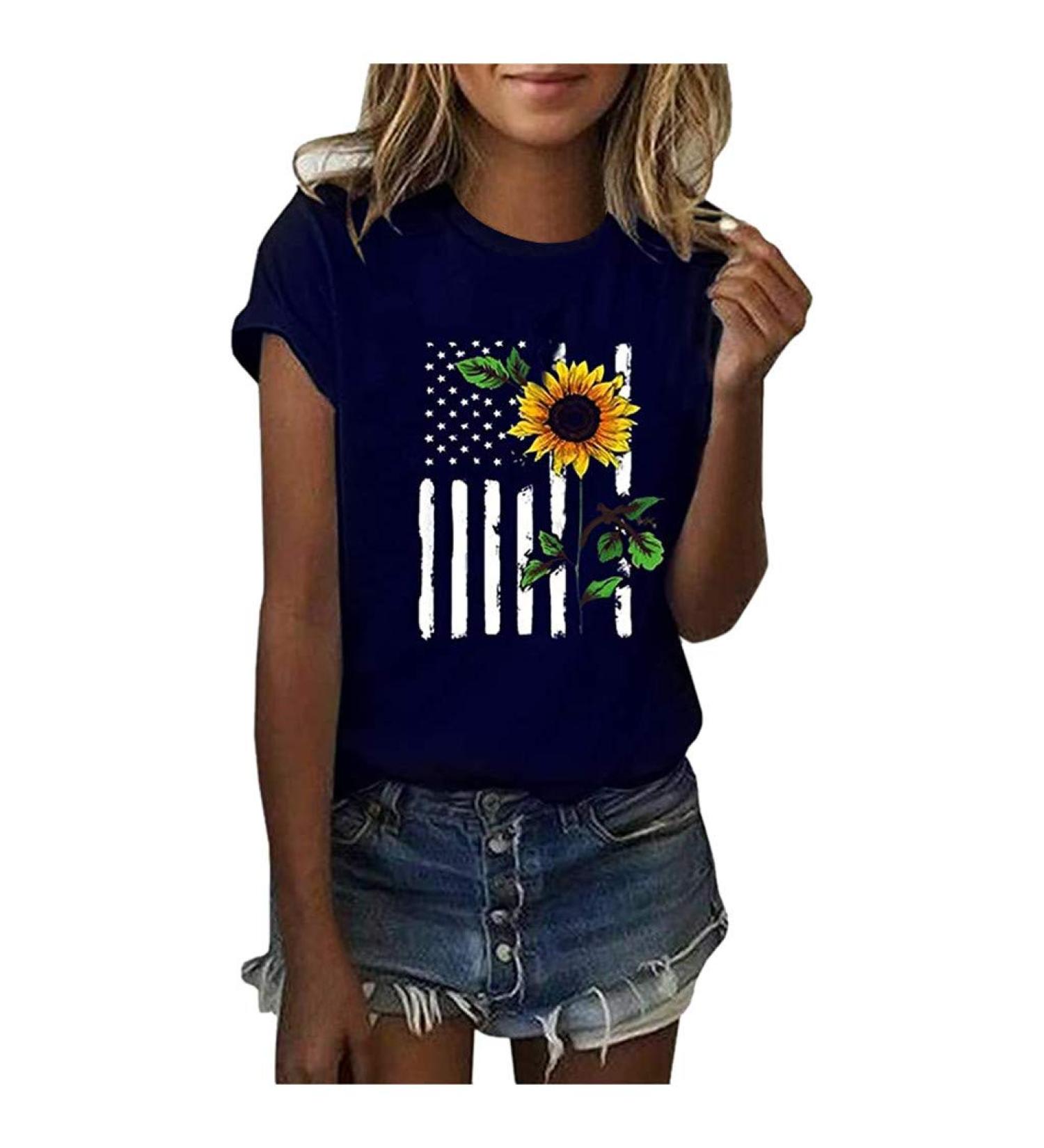 Women's Sunflower Graphic T-Shirt | Plus Size Loose Fit Blouse | Short Sleeve Casual Tee | Workout Shirt - Blue, X-Large - Buy Online on GoSupps.com