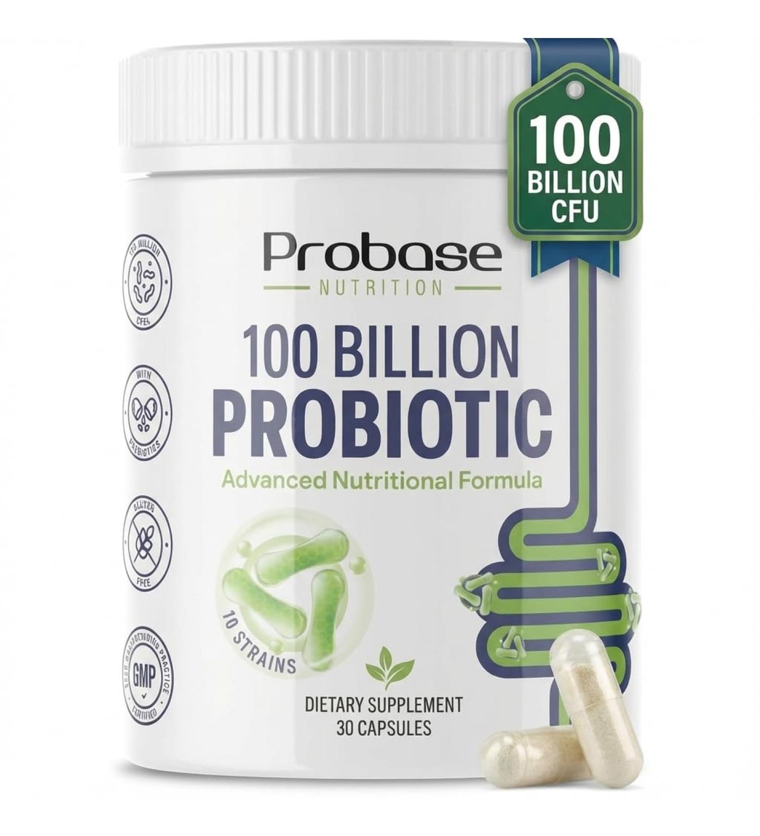 Probase Nutrition Probiotic 100 Billion CFU 10 Strains with Prebiotics 30 Veggie Capsules Gluten Free for Men and Women 30-Day Supply - Buy Online on GoSupps.com
