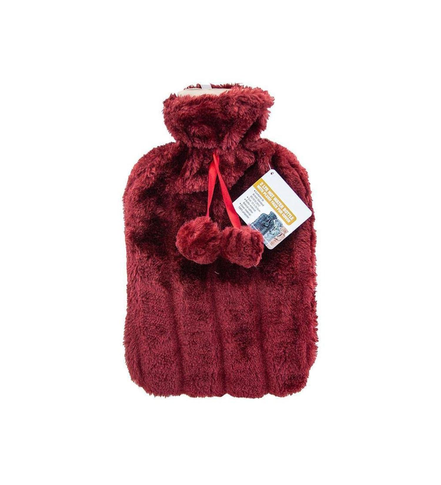 Hot water bottle soft faux fur cover with pompoms large red