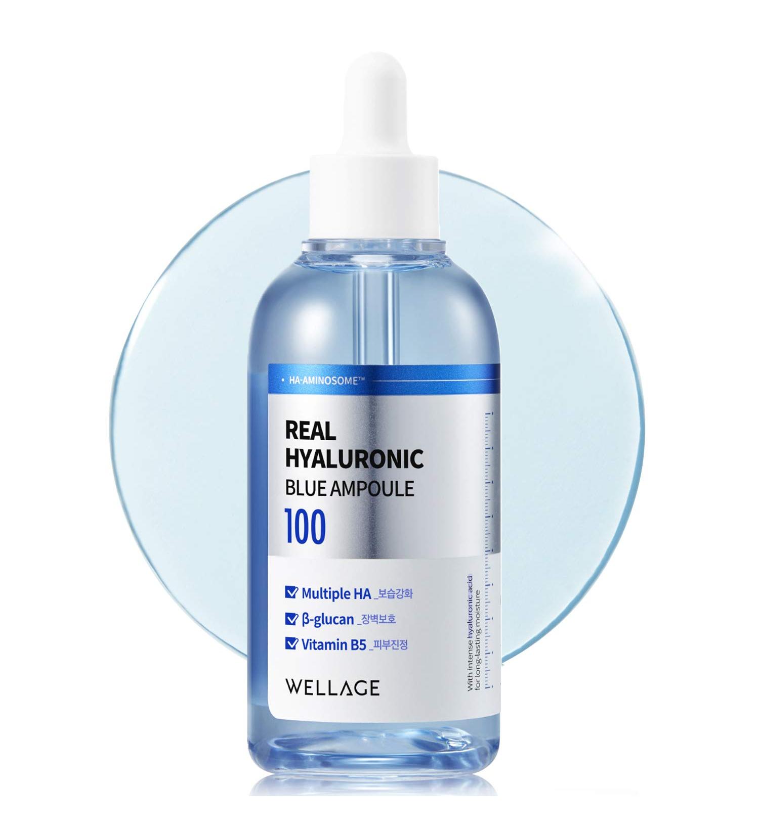 WELLAGE Real Hyaluronic Blue Ampoule 100 - Fragrance-Free Hyaluronic Acid Serum for Sensitive Dry Skin - 100ml (3.38 fl.oz.) - Hydrating & Non-Sticky Formula - Removes Impurities & Provides Stable Moisture Absorption - Buy Online on GoSupps.com