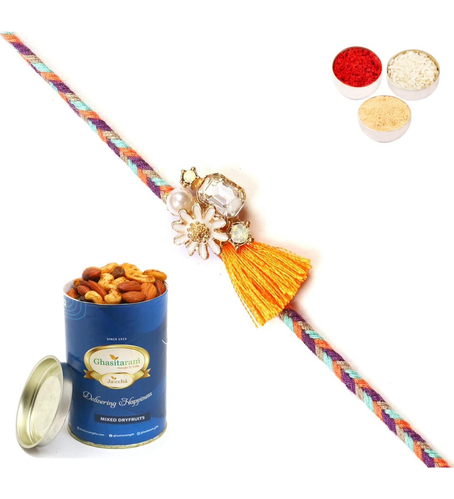 Ghasitaram Gifts Rakhi for Brother Rakhis Online - RM-652 Premium Rakhi with 100 GMS of Dryfruits Mix Can - Buy Online on GoSupps.com