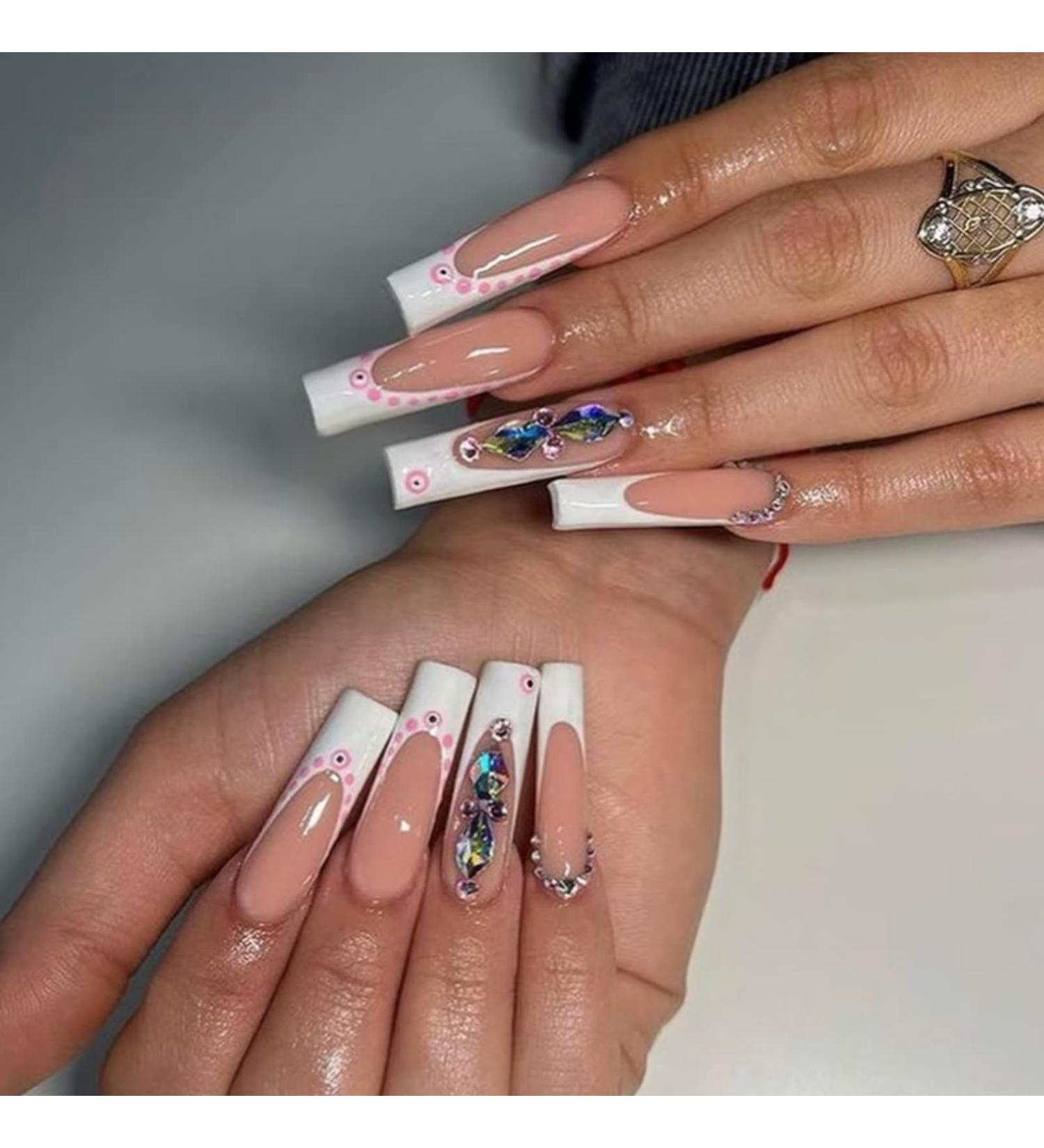 RUNRAYAY Press On Nails - Long Pink & White Acrylic Ballet French with Rhinestones | Perfect for Women & Girls - Buy Online on GoSupps.com