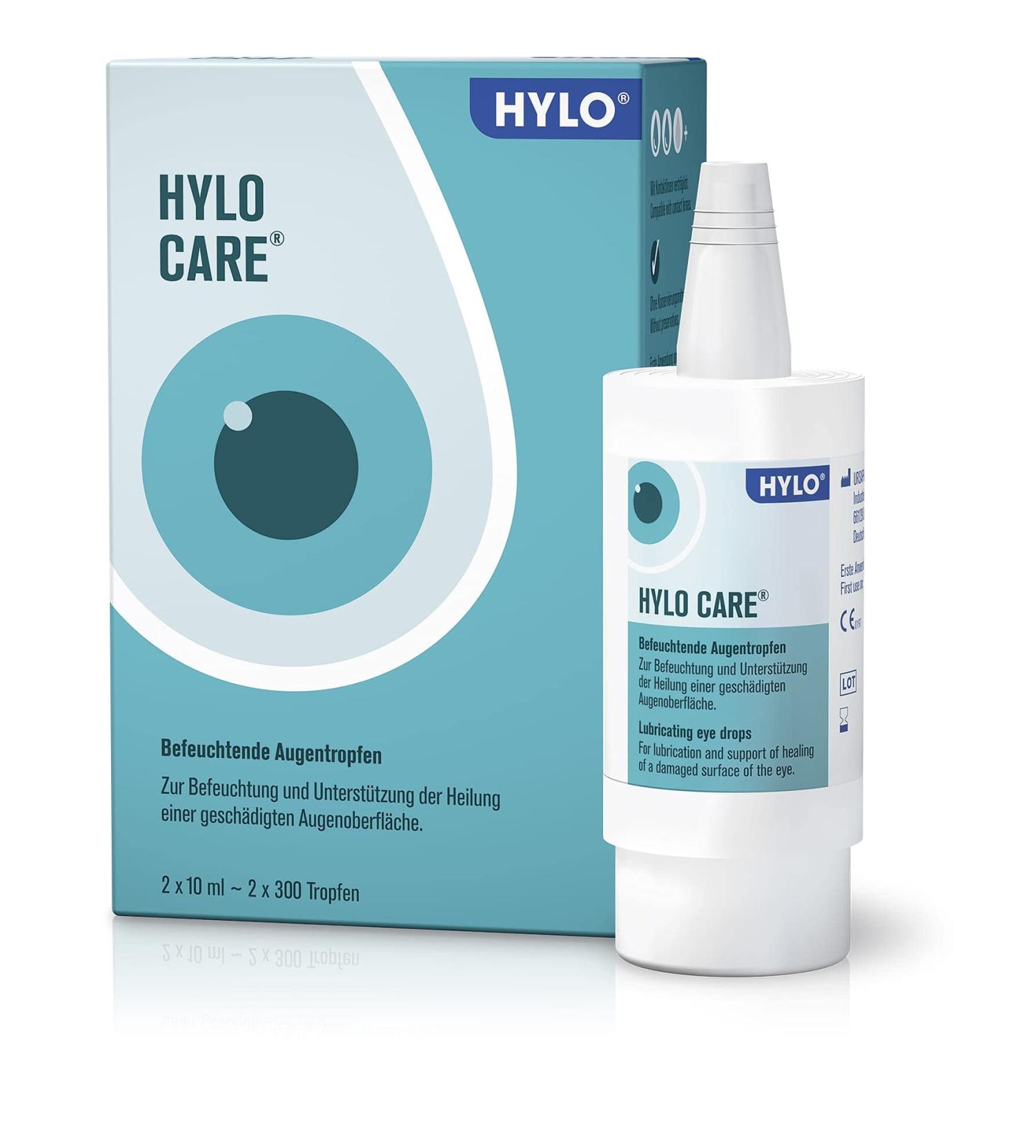 HYLO CARE Eye Drops for Dry Eyes - Hyaluronic Acid & Dexpanthenol Double Pack (2x10 ml) - 20 ml Total - Buy Online on GoSupps.com