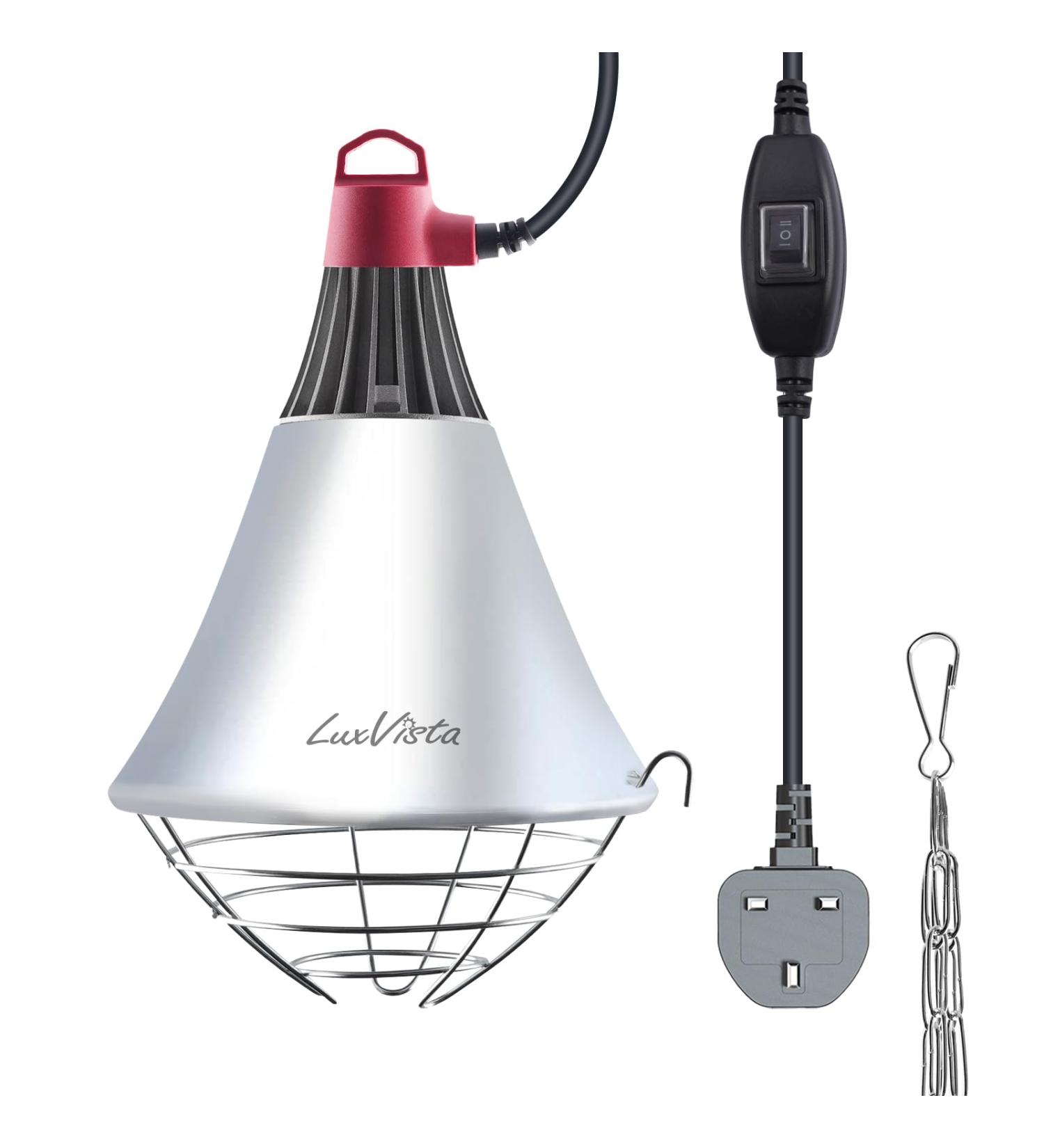 Luxvista Poultry Heat Lamp 250W with 2M Wire and Chain - 2 Mode Switch, Adjustable Holder for Chicks Kennel - E27 Infrared Heat Lamp Holder - Buy Online on GoSupps.com