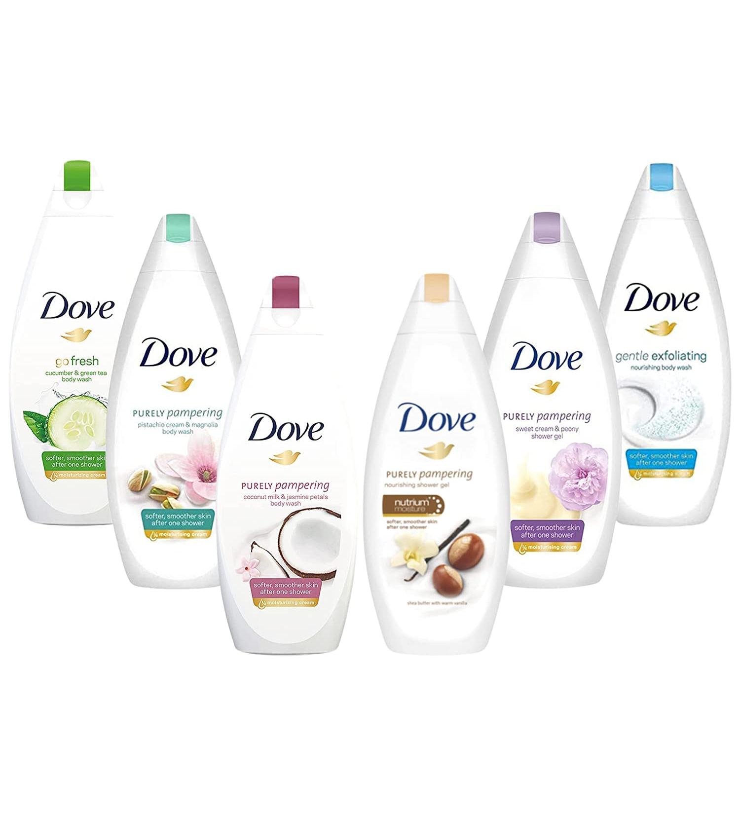 Dove Body Wash Variety Set of 6, Gentle Exfoliating, Pampering Shea, Refreshing Cucumber, Purely Pampering Coconut Jasmine, Calming Pistachio, Peony and Rose Oil, 25.3 Ounce 151.8 Ounce