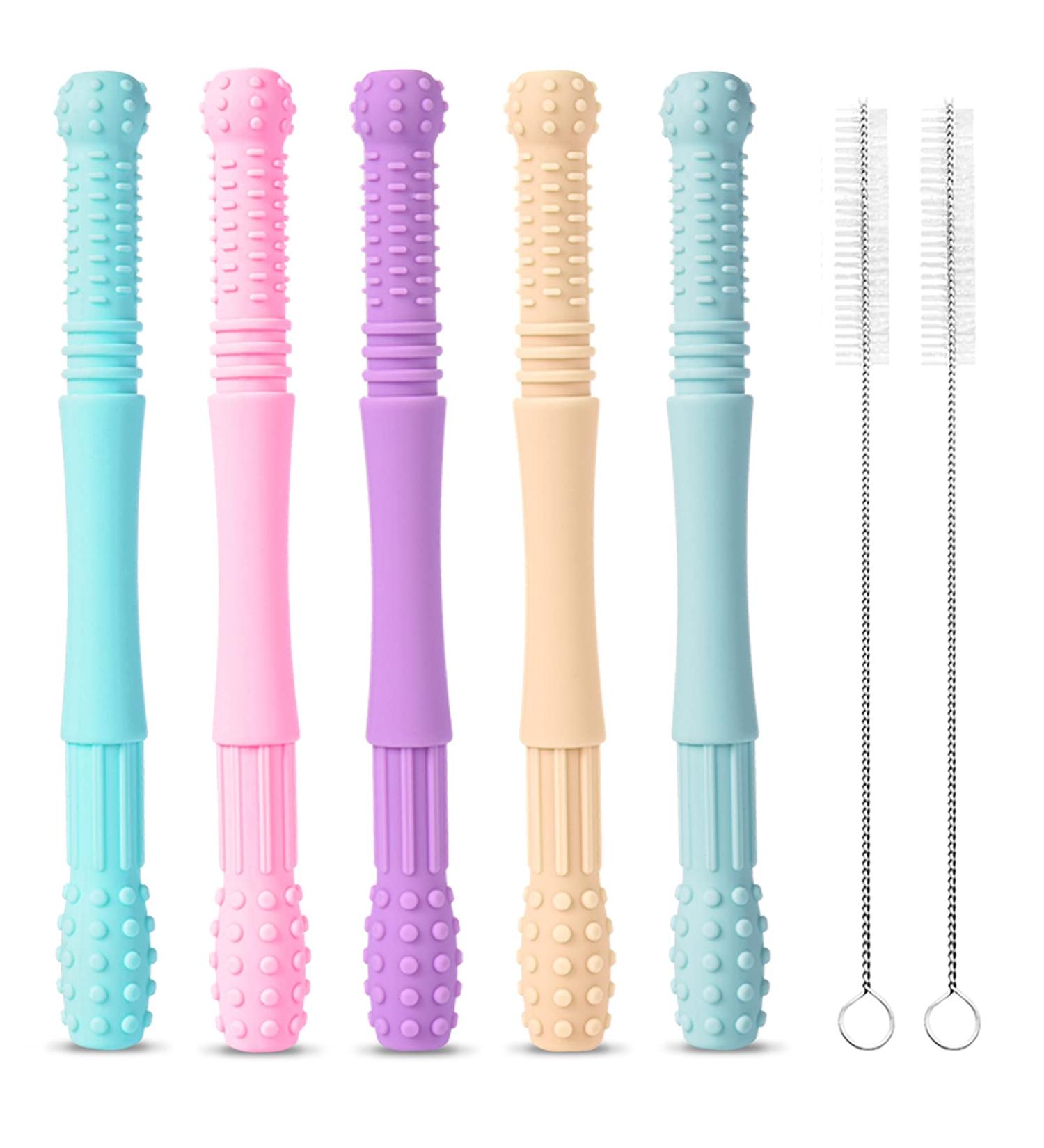 Tronphy Teething Tubes 5 Pack - Soft Silicone Chew Tubes for Babies 3-12 Months | Hollow Teether Toy with 2 Cleaning Brushes - Buy Online on GoSupps.com