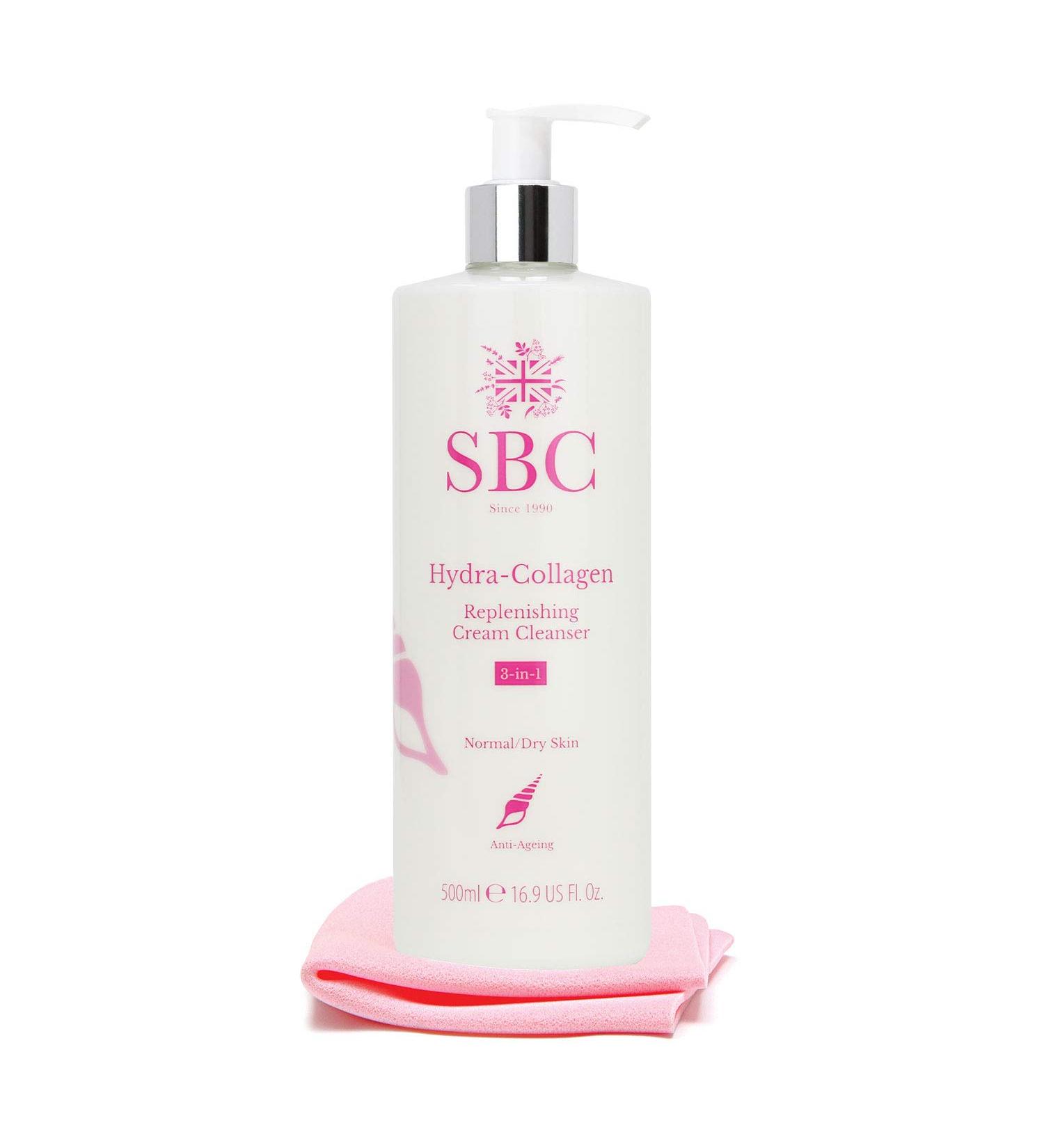 SBC Skincare Hydra-Collagen Replenishing Cream Cleanser with Skin Shammy 500ml Anti-Ageing Collagen Facial Cleanser Removes Make-Up Cleanses Hydrates - Buy Online on GoSupps.com