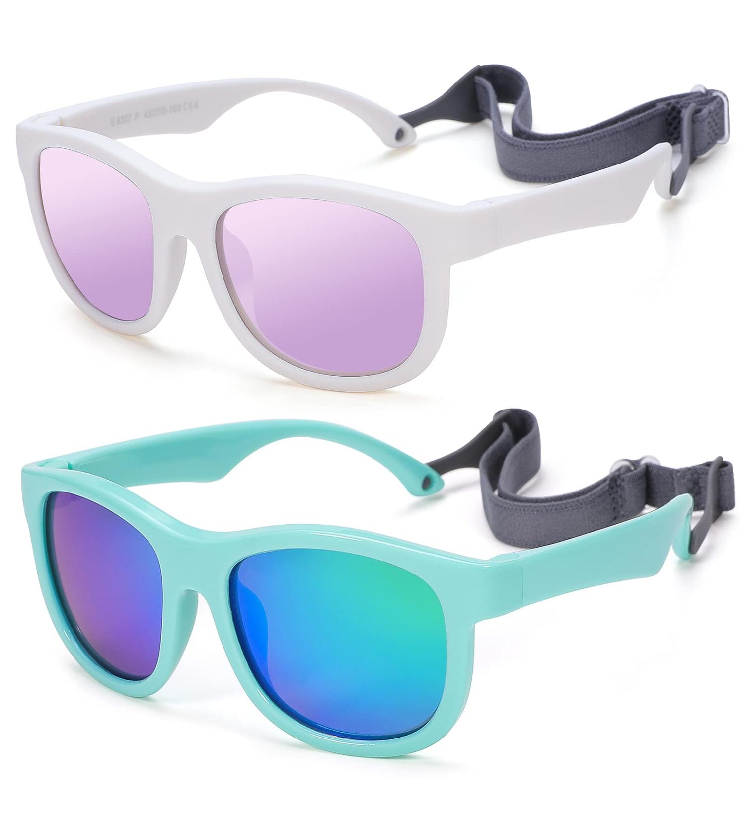 Flexible Polarized Baby Sunglasses with Adjustable Strap for Toddler Newborn Infant Age 0-24 Months A1* (White/Purple Mirrored + Green/Green Mirrored) - 2 Pack 40 Millimeters - Buy Online on GoSupps.com