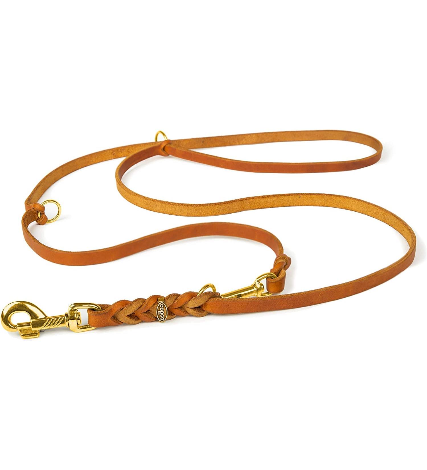 COPCOPET-fat leather line for dogs-3-way adjustable dog leash made of soft leather with carabiners & fittings made of brass-braided leash 100% handmade in Germany (3.50 m x 12mm | Cognac) 3.50 m x 12 mm cognac