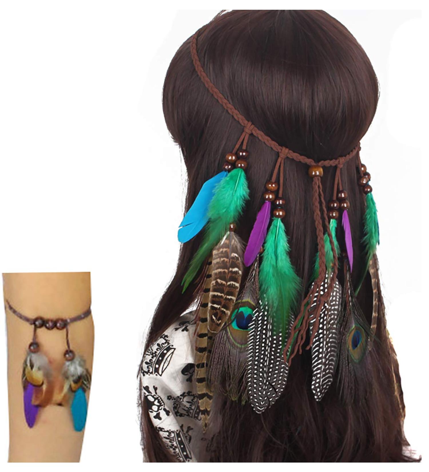 Fodattm Set of 2 Bohemian Peacock Feather Headband Headdress and Armband Hippie Headwear Headpiece Handmade Tribal Indian Fascinator Feather Hairband Hair Accessories for Girls Women Lady (C#) - Buy Online on GoSupps.com