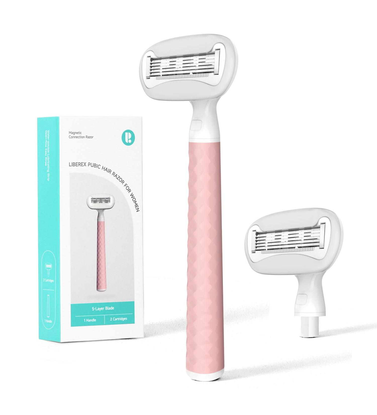 Buy Pubic Hair Razor for Women - 5 Blade Shaver with Moisturizing Strip for Legs & Bikini Area - Includes 1 Handle & 2 Magnetic Cartridges - Pink - Buy Online on GoSupps.com