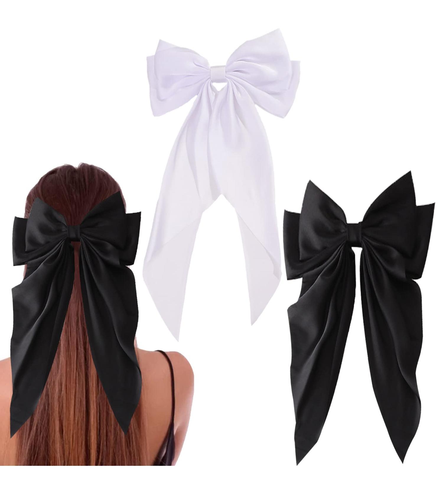 2pcs Big Silky Satin Hair Bows for Women and Girls, Black & White French Bowknot Hair Barrettes with Metal Clips - 90's Hair Dress Up Accessories - Buy Online on GoSupps.com