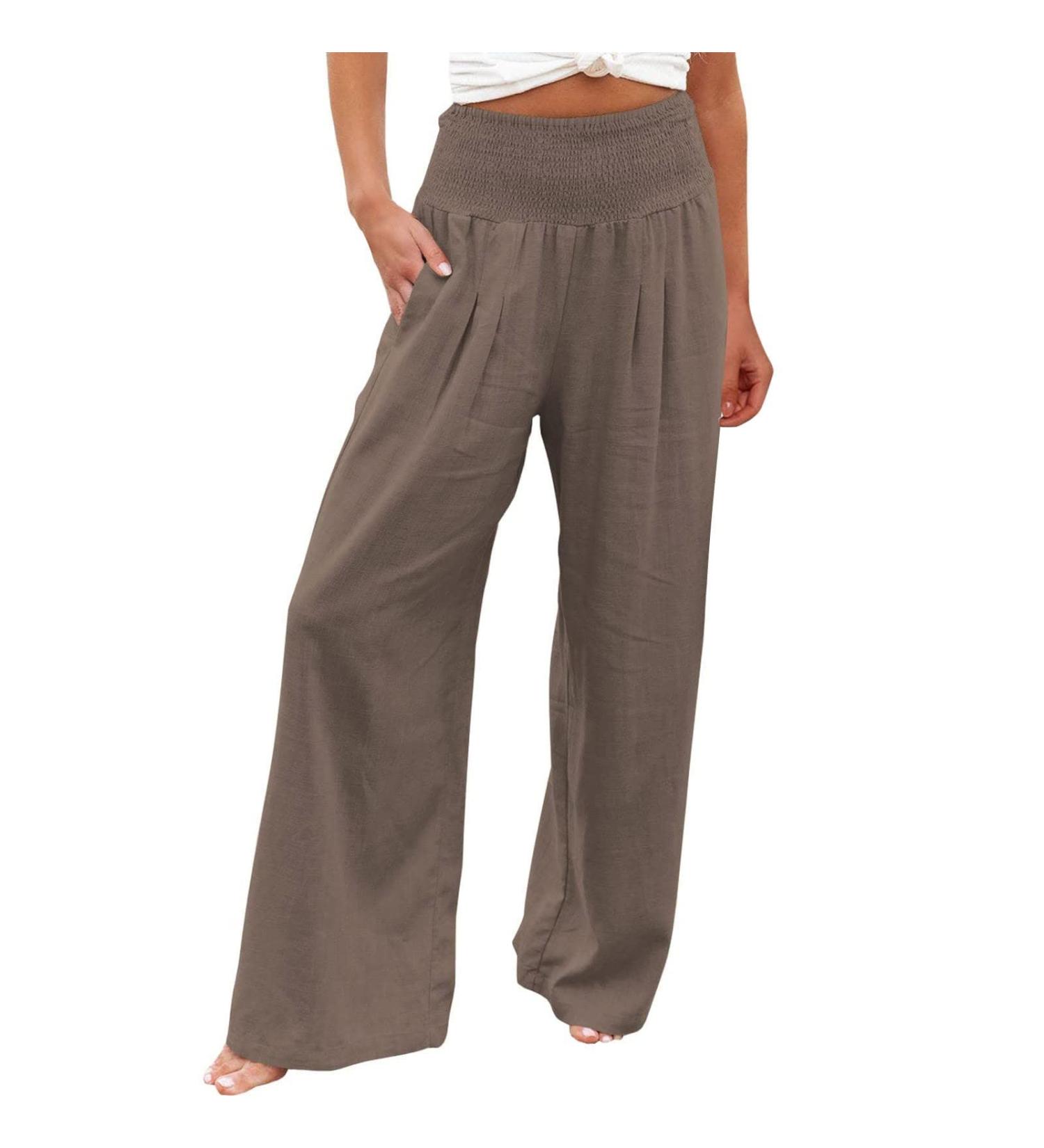 Gcvizuso Women's Cotton Linen Elastic High Waist Palazzo Pants - Coffee | Small - Buy Online on GoSupps.com