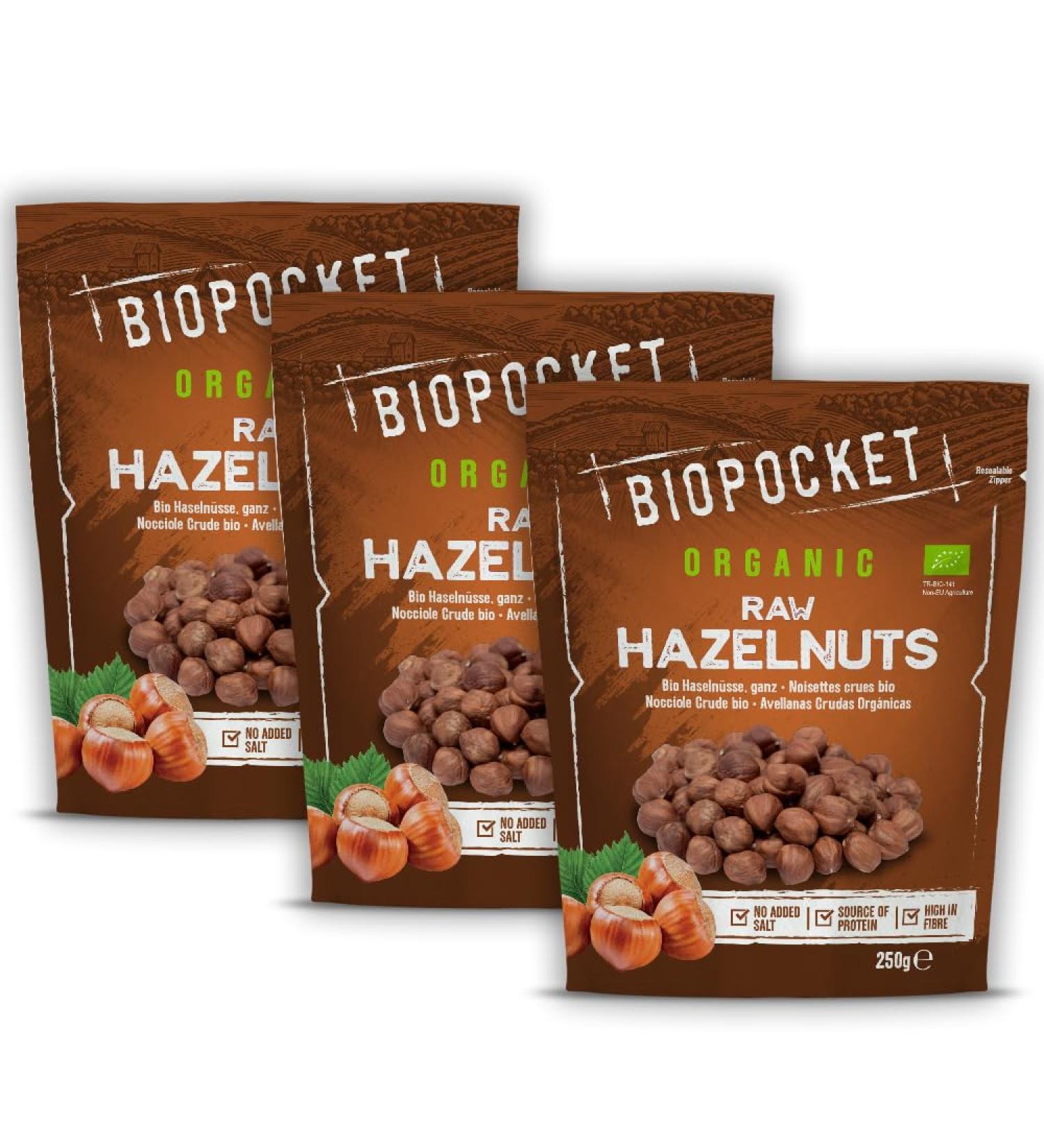 Biopocket Organic Raw Hazelnuts 3 x 250 g - Buy Online on GoSupps.com