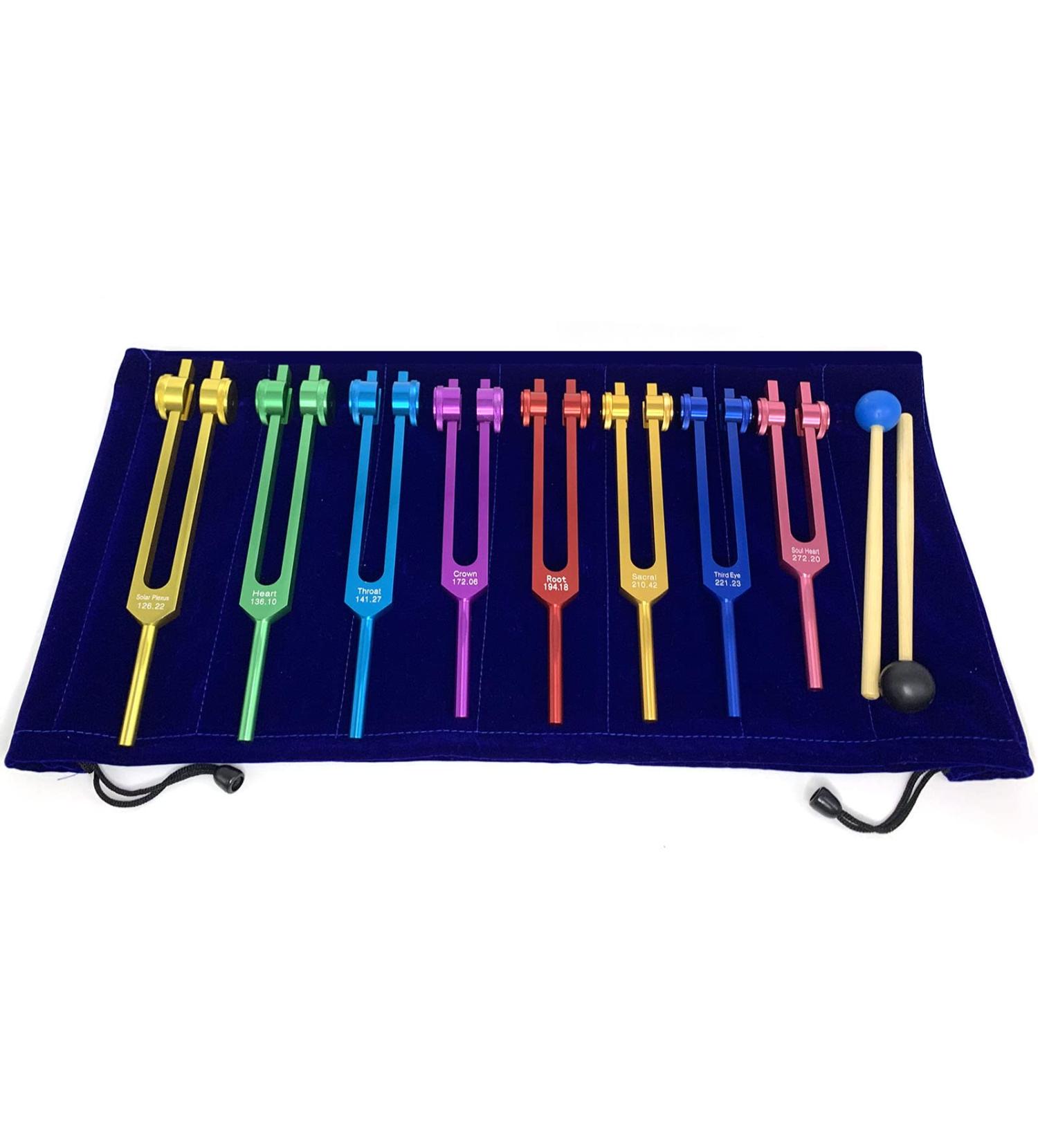 Chakra Tuning Forks Set for Healing - 7 Chakra+1 Soul Purpose Weighted Forks - Aluminum Alloy - Multicolour - Includes Rubber Mallet and Velvet Storage Bag - 126.22 Hz to 172.06 Hz Frequencies - Buy Online on GoSupps.com