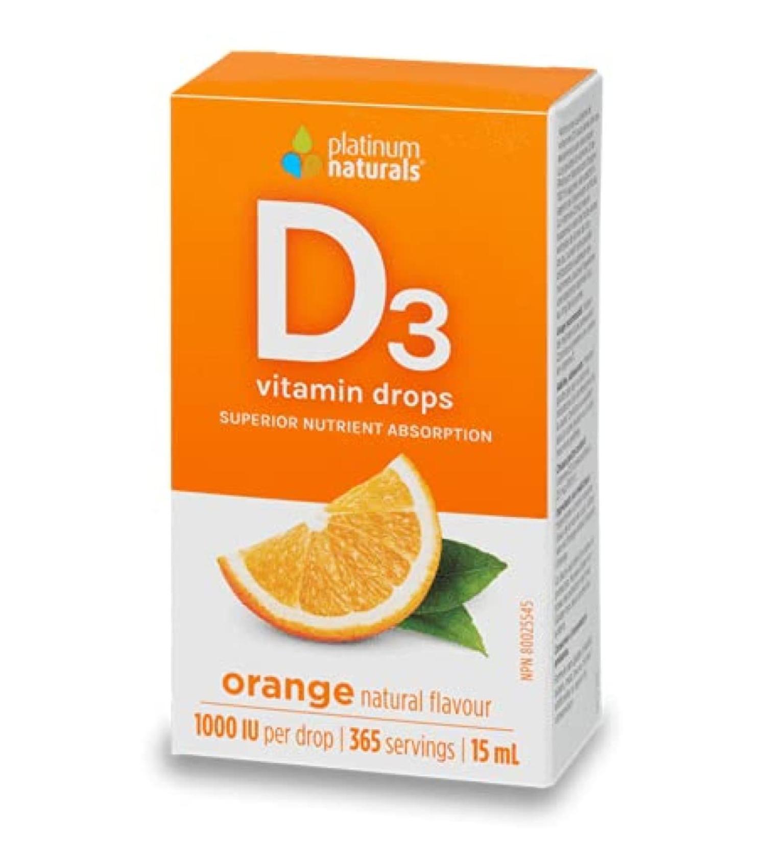 Platinum Naturals D3 Drops for Adults - Orange Flavored 15ml - High Potency Liquid Vitamin D Supplement 1000 IU per Drop - Supports Overall Wellness - Easy-to-Use Dropper - Buy Online on GoSupps.com