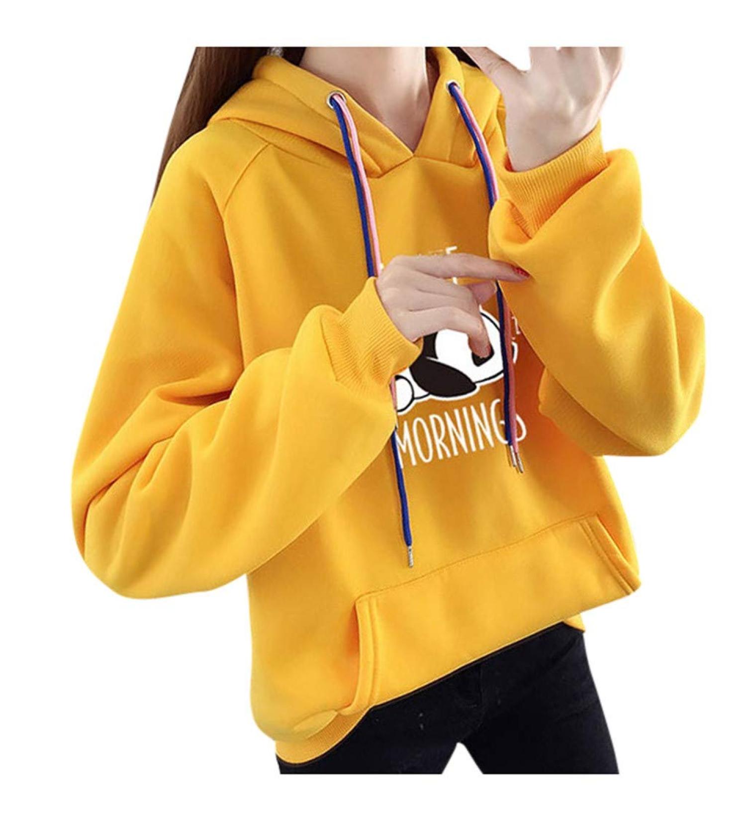 Bigfanshu Women's Dresses Autumn Hoodies Character Print I Hate Morinings Sweatshirt with Pocket Yellow - Buy Online on GoSupps.com