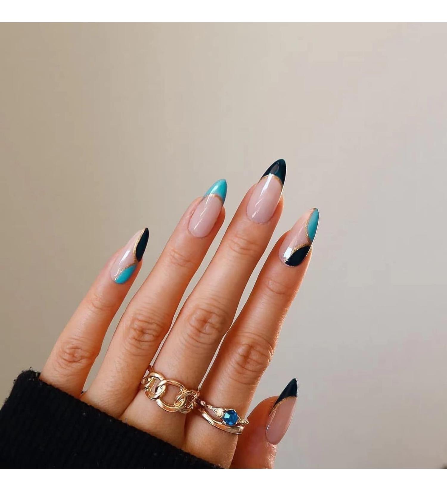 JUSTOTRY 24 Pcs Short Black French Stiletto False Nails - Pretty Marble Pattern with Nail Glue - Almond Stick On Nails for Women - Nail Art BL2 - Buy Online on GoSupps.com
