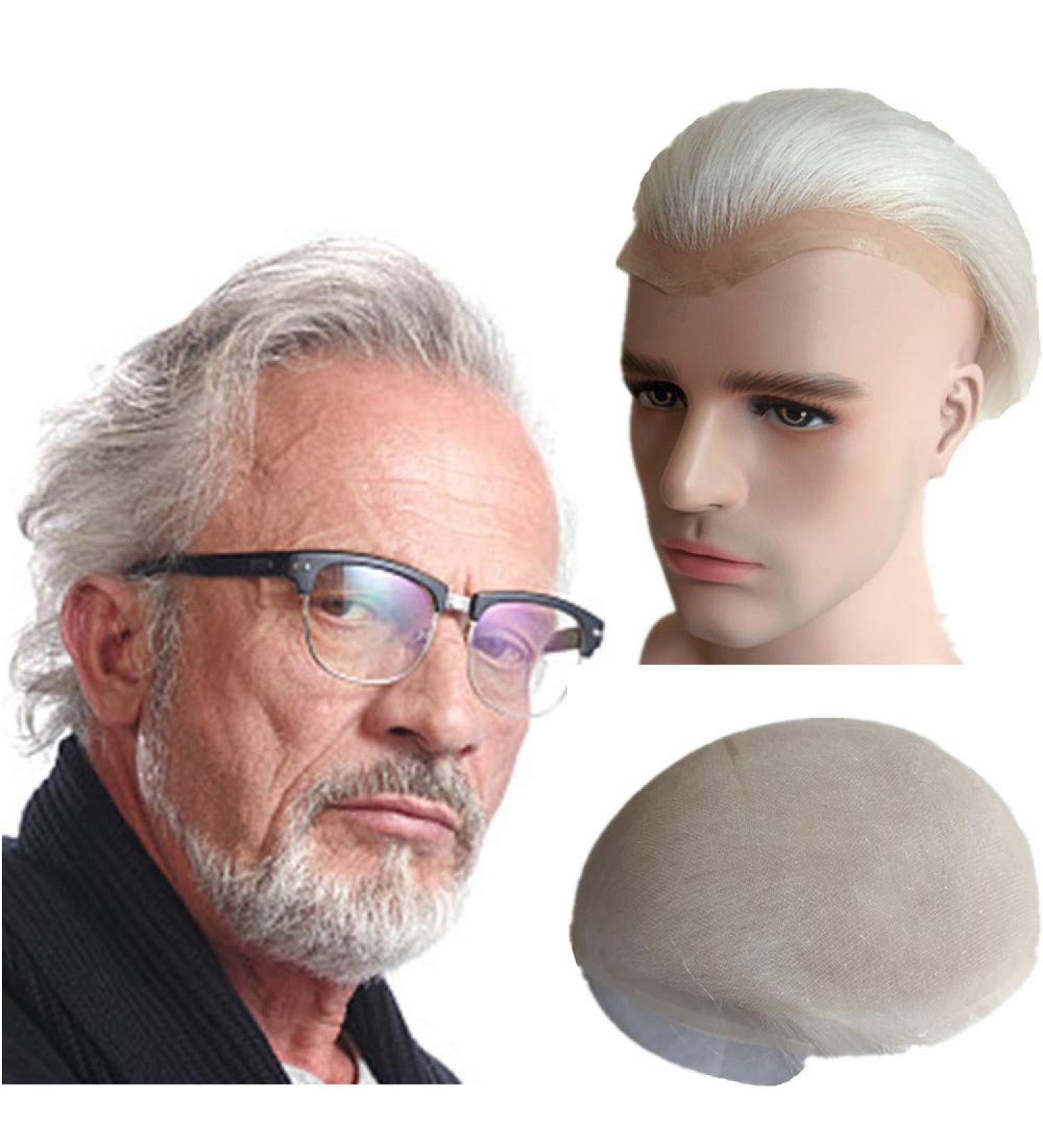 Gray white Human Hair Toupee for men NLW European human hair pieces for men Hair unit replacement System Man piece soft (White-Full Lace base) #White Full Lace - Buy Online on GoSupps.com
