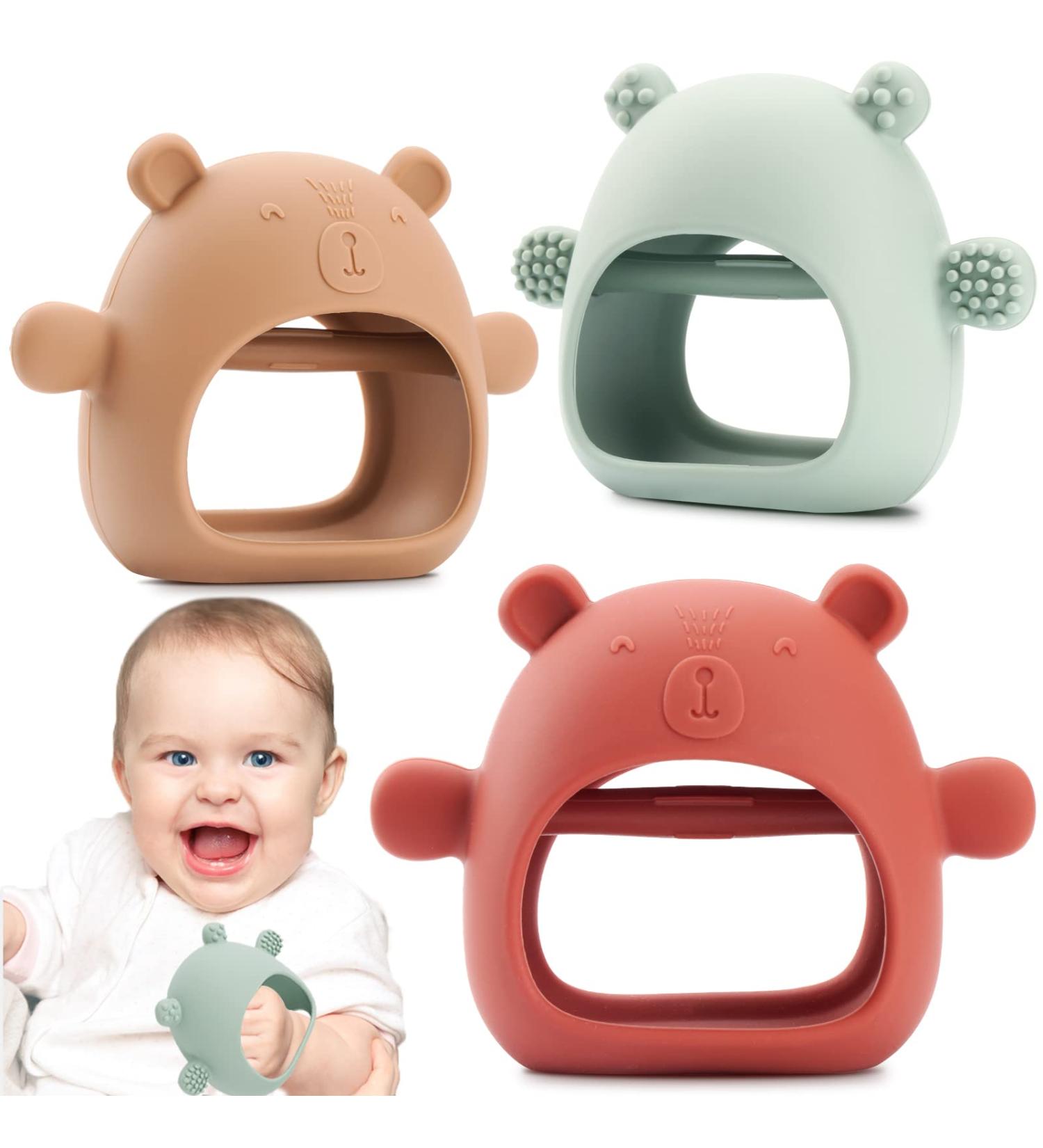 AEOLZ Anti-Drop Silicone Bear Teether Mitten 3 Pack for Babies Over 3 Months | BPA-Free Baby Teething Toys for Sucking Needs | Red/Brown/Green - Buy Online on GoSupps.com