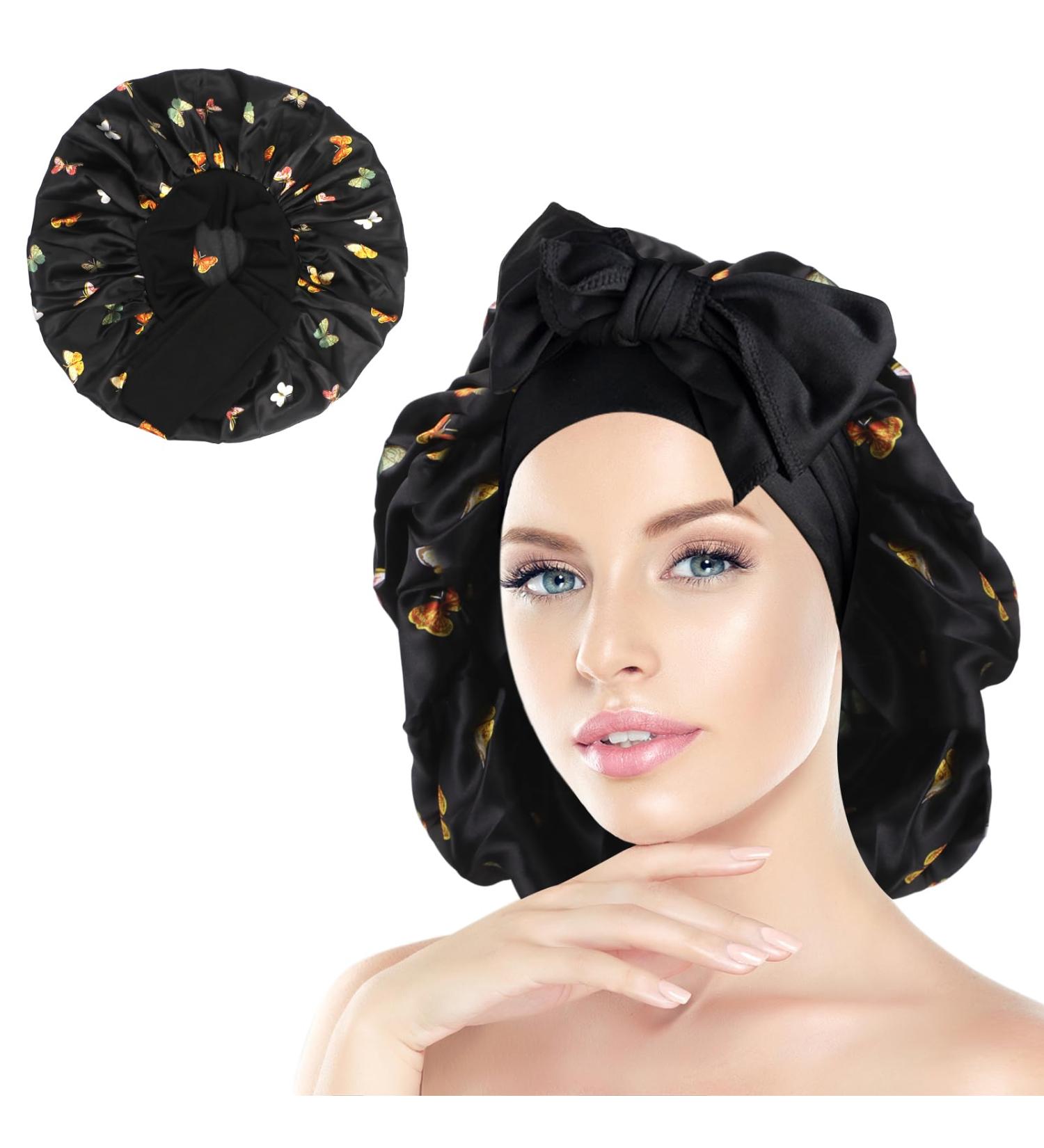 Arqumi Satin Sleeping Bonnet - Adjustable Large Satin Sleep Cap with Butterfly Pattern in Black - Buy Online on GoSupps.com