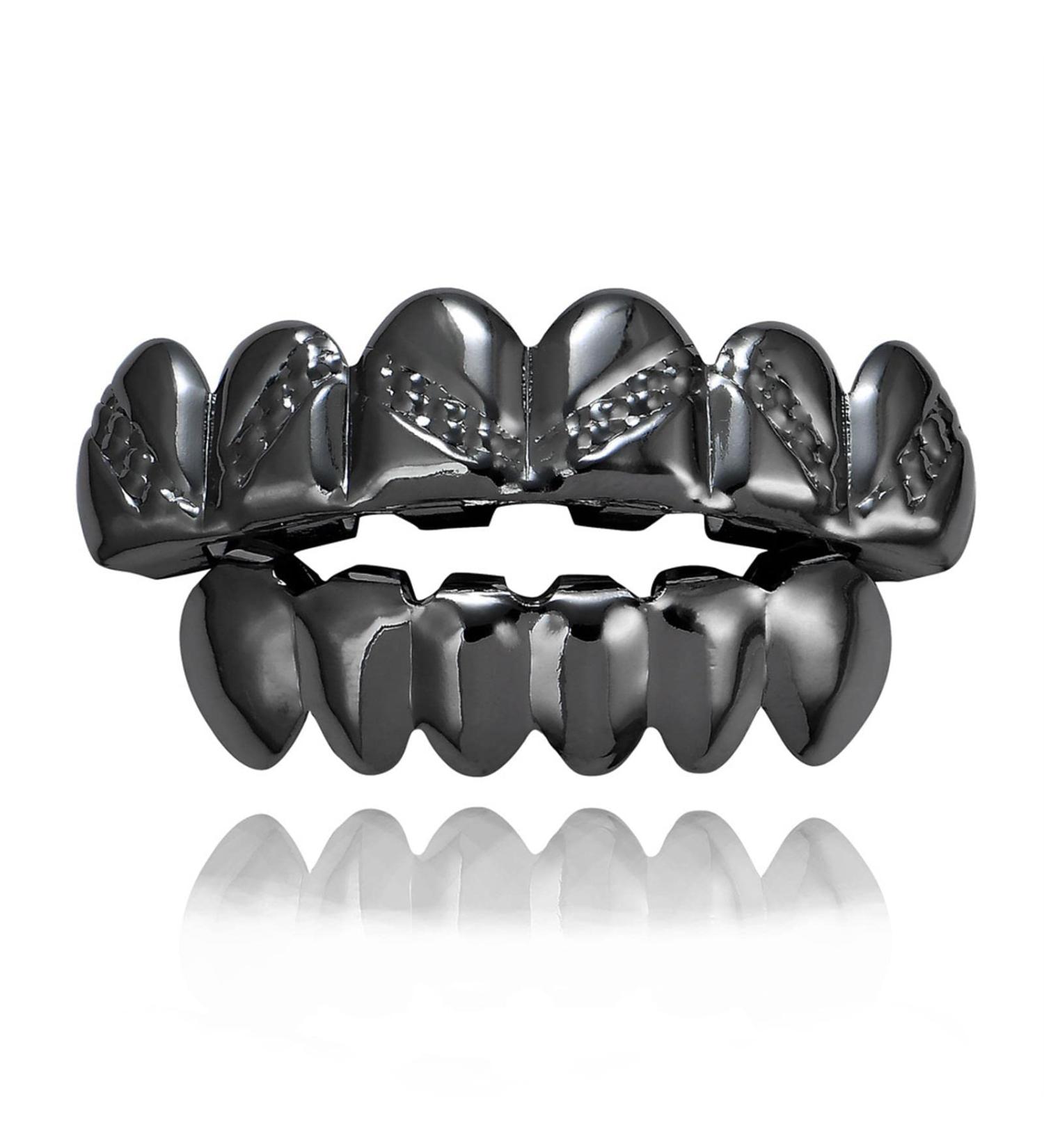 Rapper Braces Engraved Pattern Hip Hop Tooth Hat Halloween Grillz Golden Top Bottoms Set Gunmetal - Buy Online on GoSupps.com
