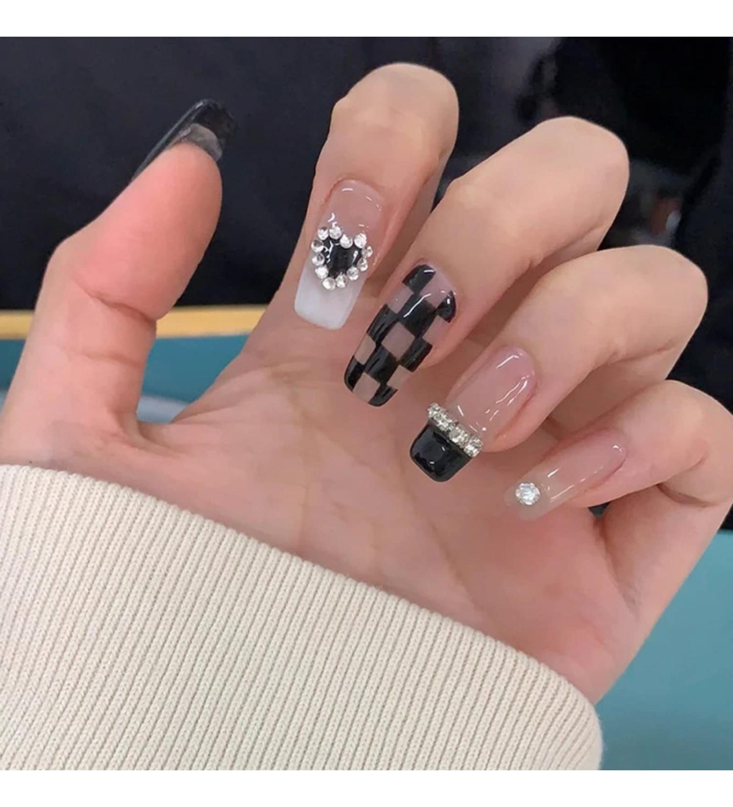 Black Flame Love Heart Bow with Diamond Shining Pearl Cute Cat 24pc False Nails Wearable Fake Nails Set Press On Nail with Glue QXJ-06