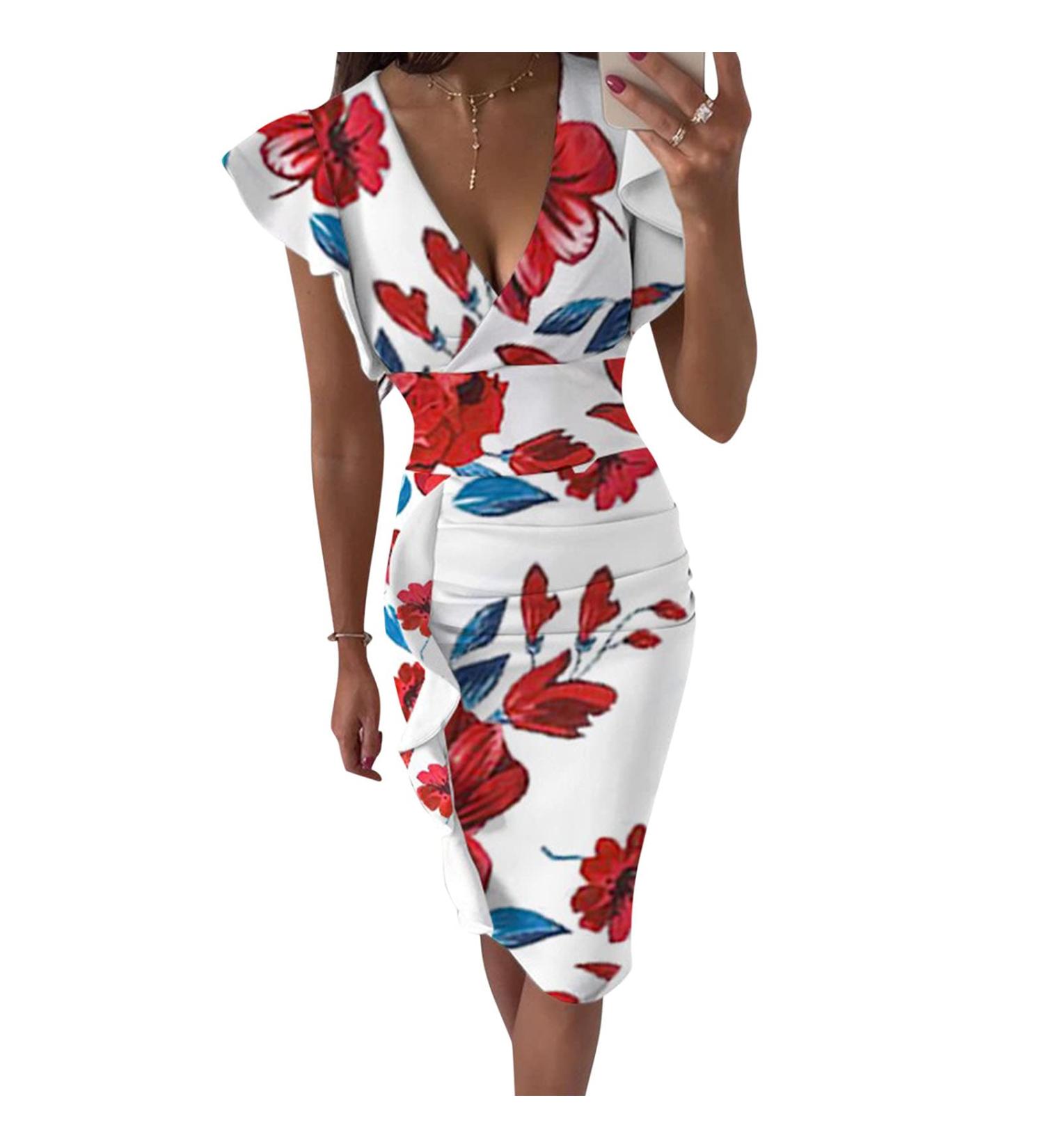 Briskyry V-Neck Floral Business Dresses for Women | Summer Elegant Bustier & Ruffled Hem Festival Dresses - Buy Online on GoSupps.com