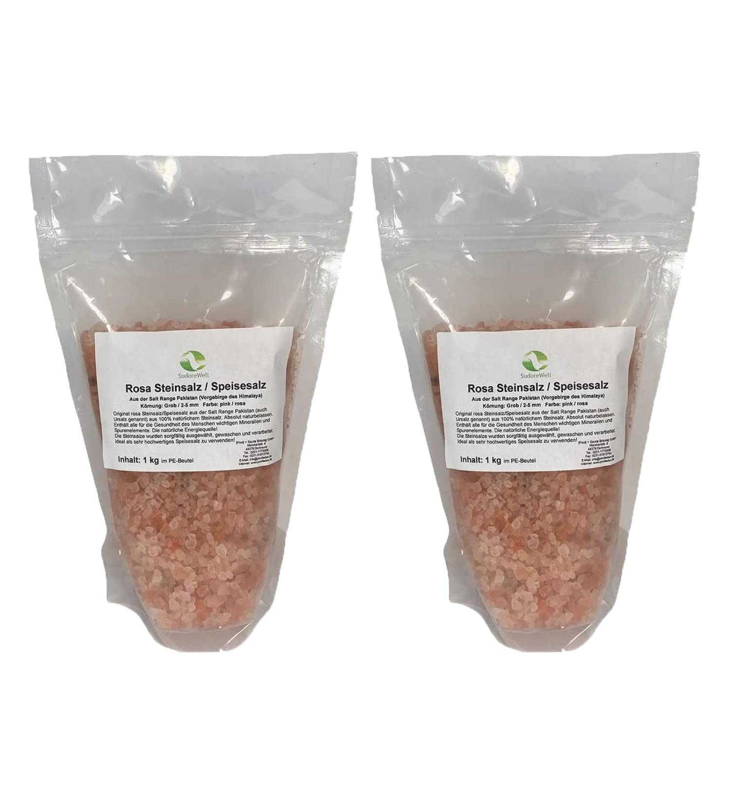  SudoreWell Pack of 2 pink table salts from the Salt Range Pakistan - 100% natural - Crystalline salt grains: coarse 2-5 mm 1.0 kg - Buy Online on GoSupps.com