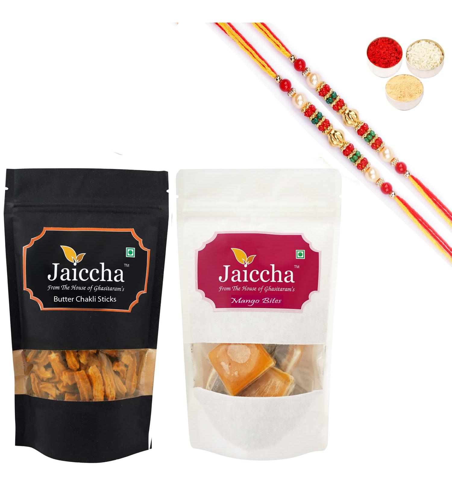 Ghasitaram Gifts Rakhi Gifts for Brothers Rakhi Sweets - Best of 2 Mango Bites 200 GMS and Butter Chakli Sticks 100 GMS Pouch with 2 Pearl Beads Rakhis - Buy Online on GoSupps.com
