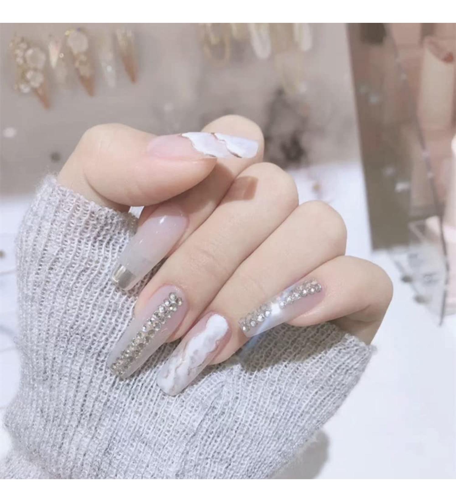Shop Xerling 24Pcs French Tip Nails with Rhinestones - Coffin Style Press-On Nail Designs for Women & Girls - Full Cover Transparent Nail Tips (Pattern G) - International Shipping Available - Buy Online on GoSupps.com