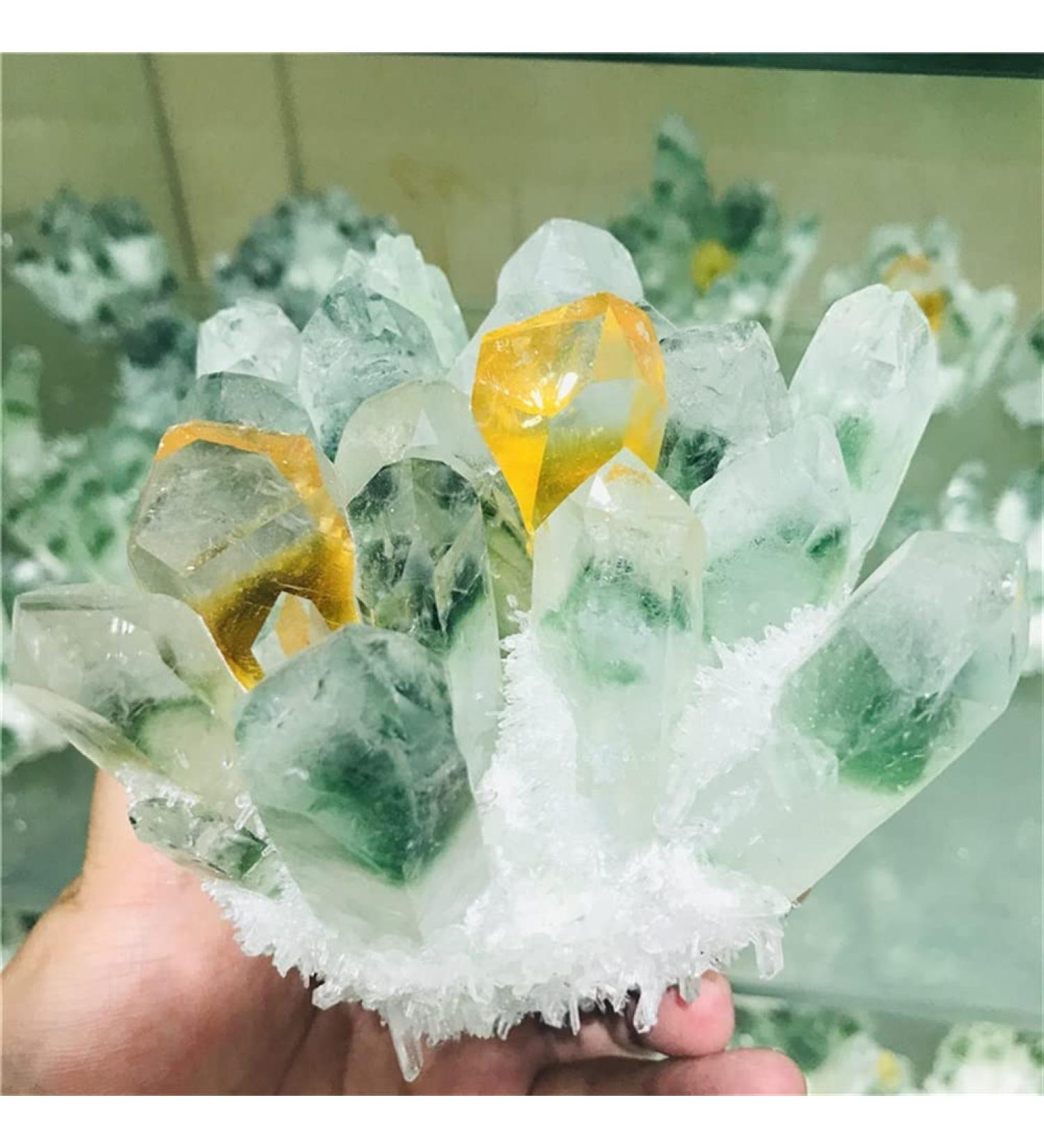 Natural Crystal Rough Natural Green Ghost Crystal Cluster Inlaid Yellow Quartz Cluster Specimen Stones (Size : 400-500g)