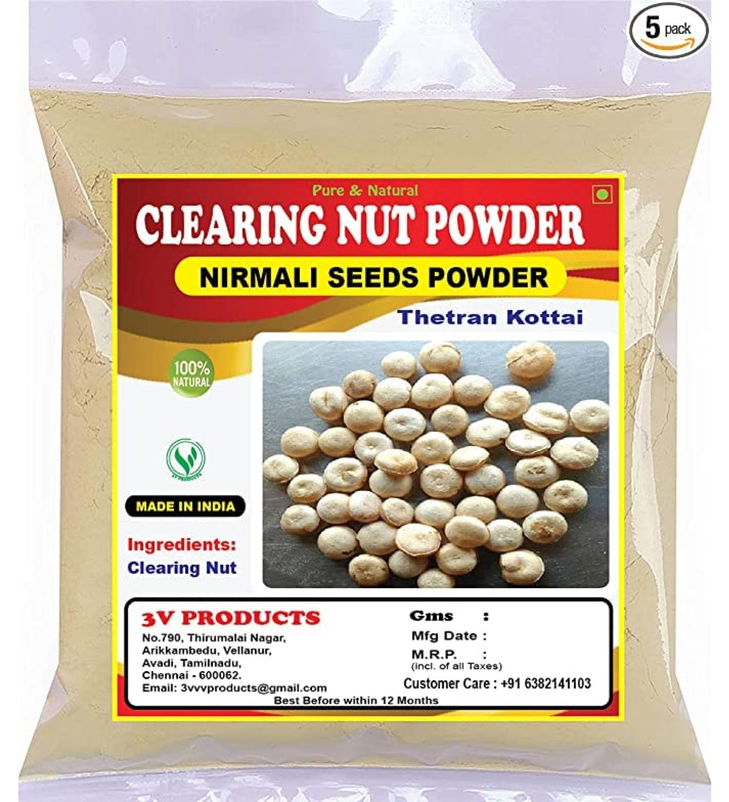 SEP 3V PRODUCTS: Nirmali Seed Powder 500g | Thetran Kottai Powder | Clearing Nut Powder for Water Purification | Strychnos Potatorum (Pack 5x100g)