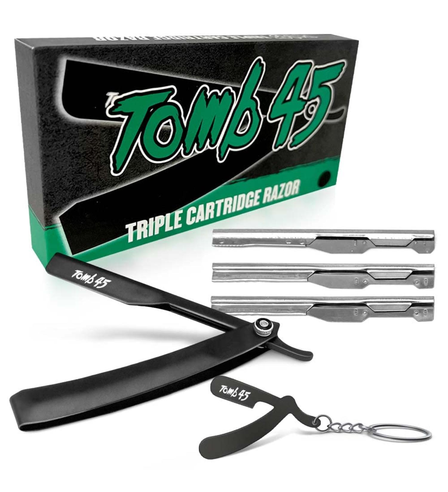 Tomb 45 Triple Cartridge Razor Holder - Disposable Safety Handle for Barbers | 100 Metal Grip, 3 Blade Exposure Options, Mens Manual Shaver (Black) - Buy Online on GoSupps.com