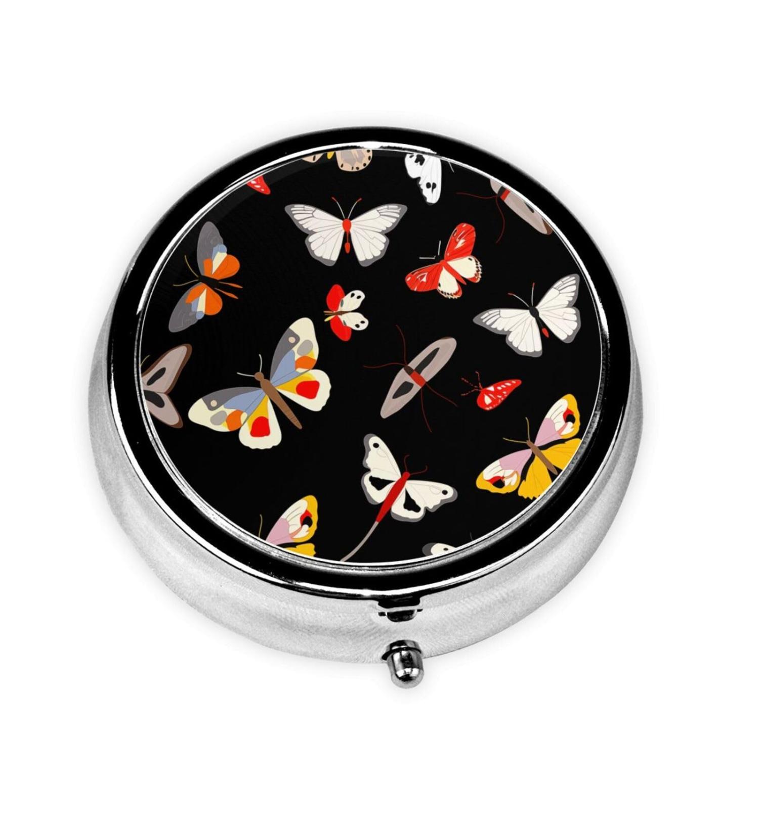 Colorful Butterflies Portable Metal Pill Box - Round Mini 3-Compartment for Travel | Black Design - Ideal for Small Pills - Buy Online on GoSupps.com