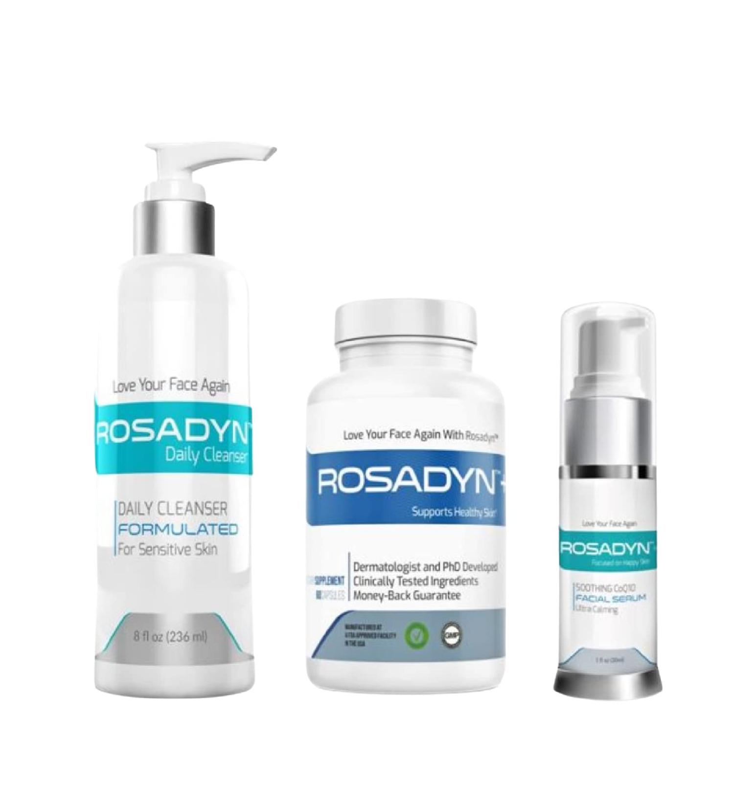 Rosadyn Rosacea Skin Care Set - Redness Relief Cream, Cleanser, CoQ10 Face Serum - Buy Online on GoSupps.com