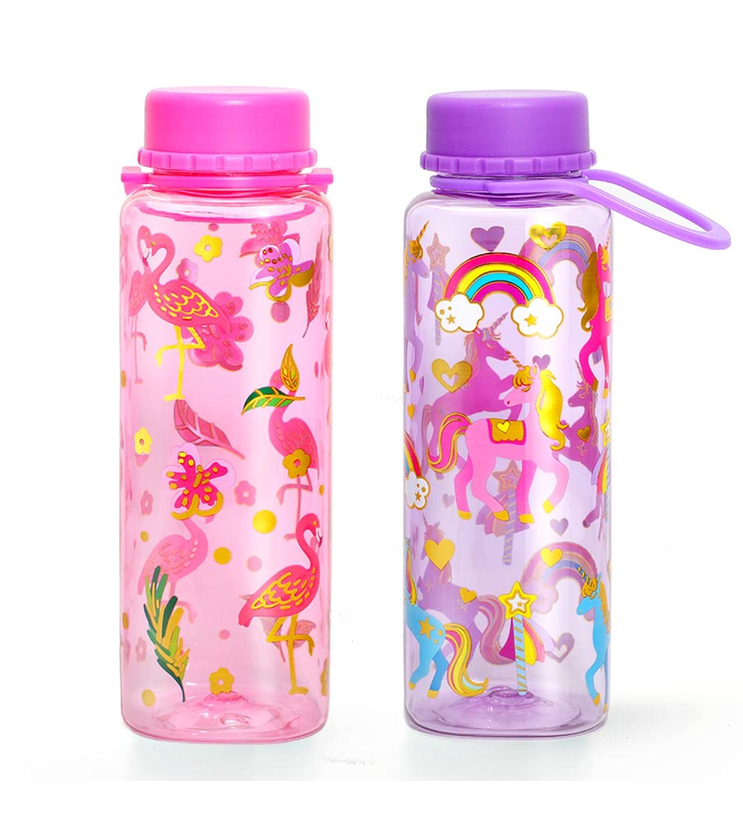 Home Tune 18oz Kids Water Drinking Bottle - Tritan BPA Free Wide Mouth Carry Loop Easy Open Lightweight Leak-Proof Water Bottle with Cute Design For Girls & Boys - 2 Pack Unicorn & Flamingo