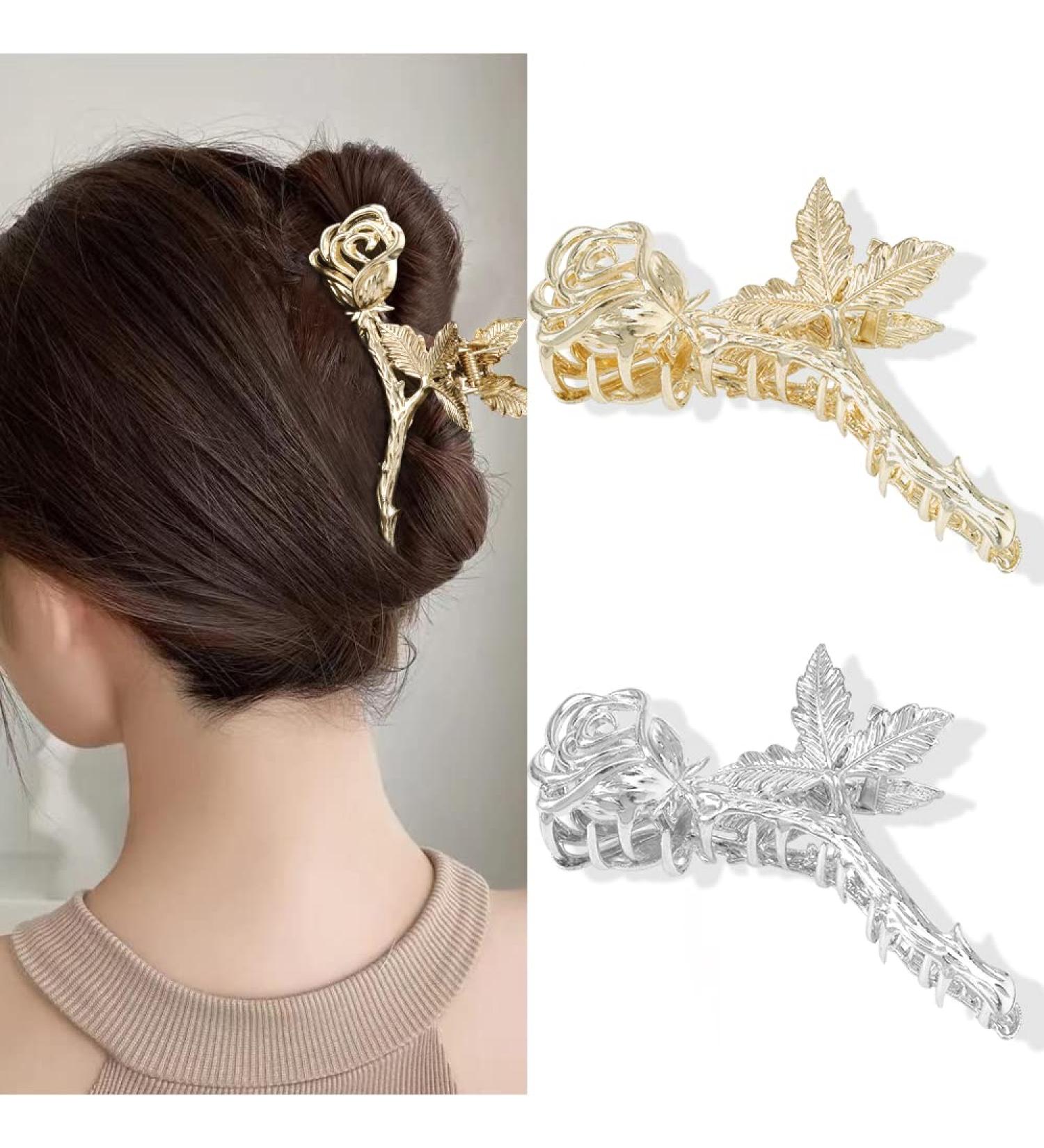 ATODEN Metal Flower Claw Clips for Thick Hair - 2 Pcs Large 4.3'' Rose Hair Clips - Cute Gold & Silver Hair Claws for Women - Strong Grip Jaw Clips for Medium to Thick Hair - Buy Online on GoSupps.com