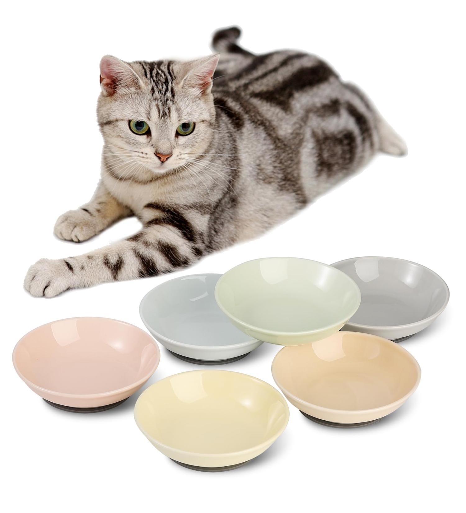 Ceramic Cat Food Bowl Set - Colorful Cat Feeding Bowls with Non Slip Mat - Wide Shallow Cat Bowl Whisker Friendly - Cat Plates - Cute Cat Dish - Microwave Dishwasher Safe - 6 Pack - 8.5 oz - 5.75 inch 6 Colors - Buy Online on GoSupps.com