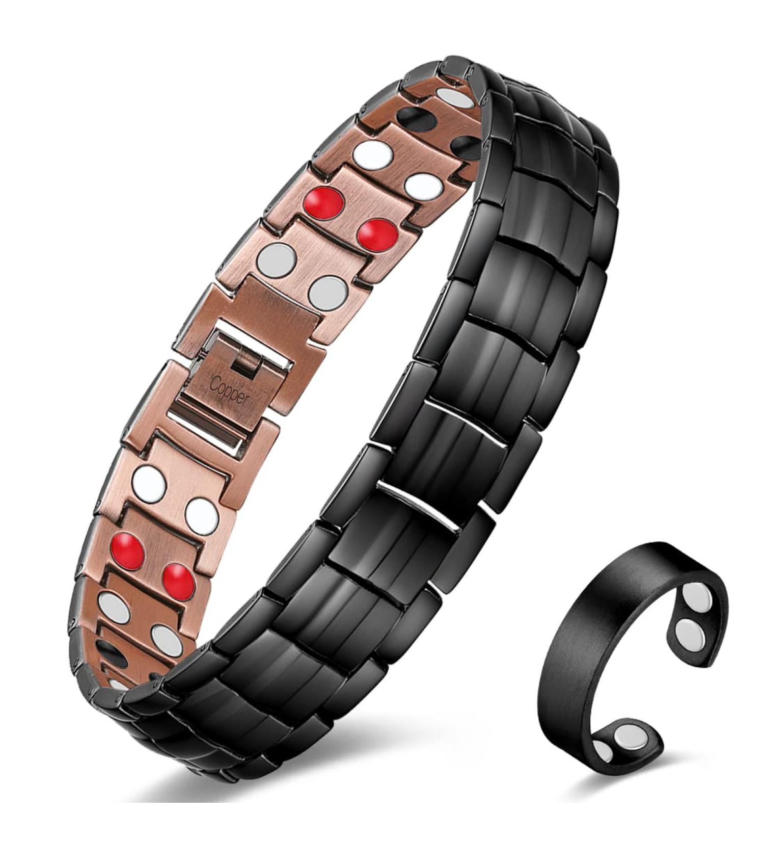 Vicmag Copper Bracelet for Men - Ultra Strength Magnetic Double Row - 99.99% Pure Copper - Adjustable with Tool - Gift Box Included (Black 4 Elements) - Buy Online on GoSupps.com