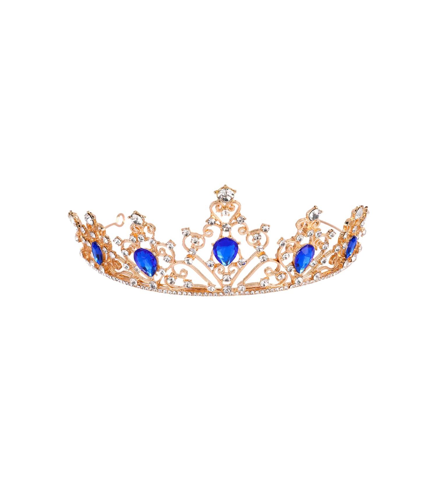 Gold Tiara Crown with Blue Rhinestone for Wedding, Birthday, Pageant & Party - Buy Online on GoSupps.com