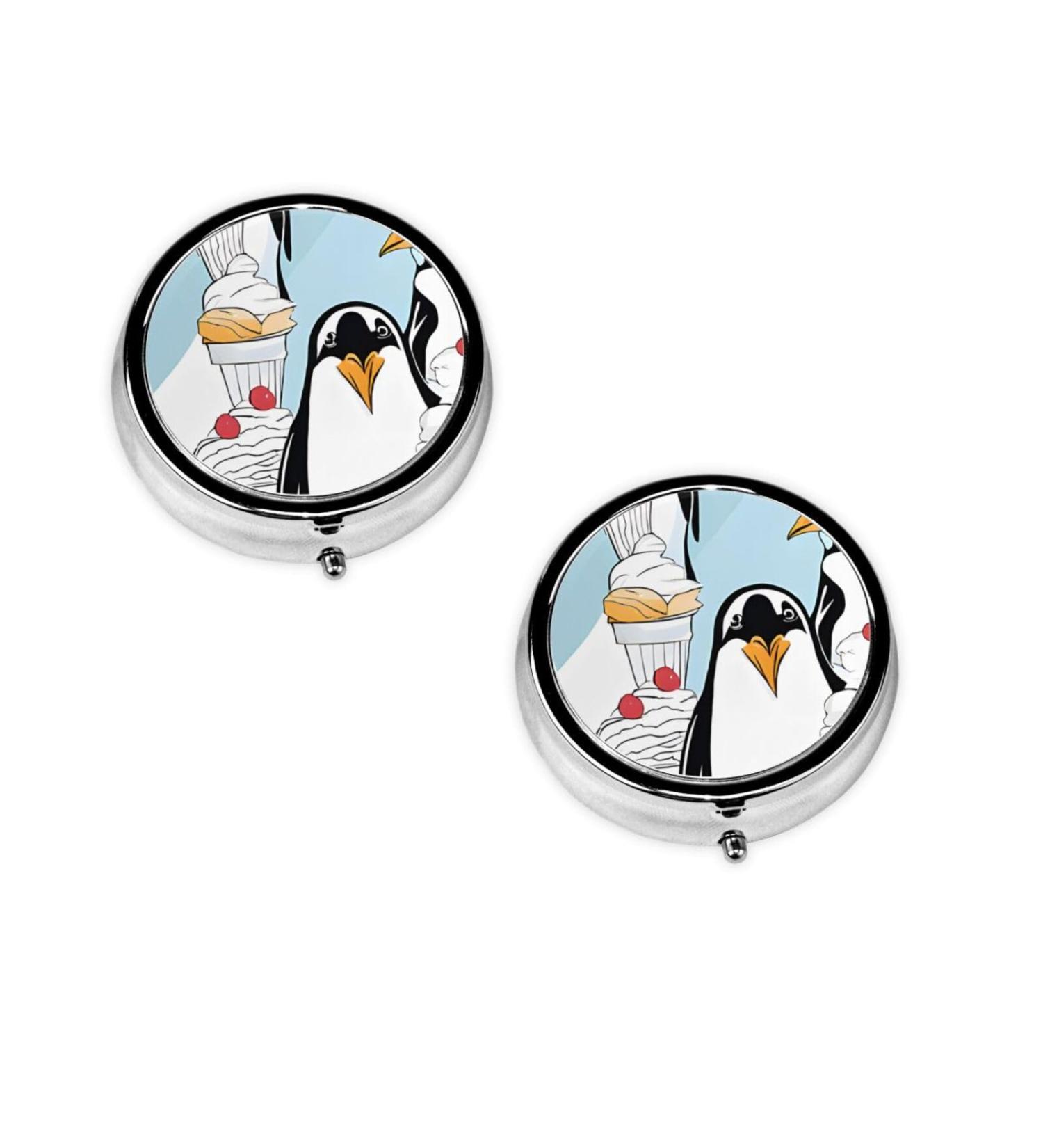 Cute Penguins Mini Round Pill Box - 3 Compartment Travel Organizer for Medicine & Vitamins - Buy Online on GoSupps.com