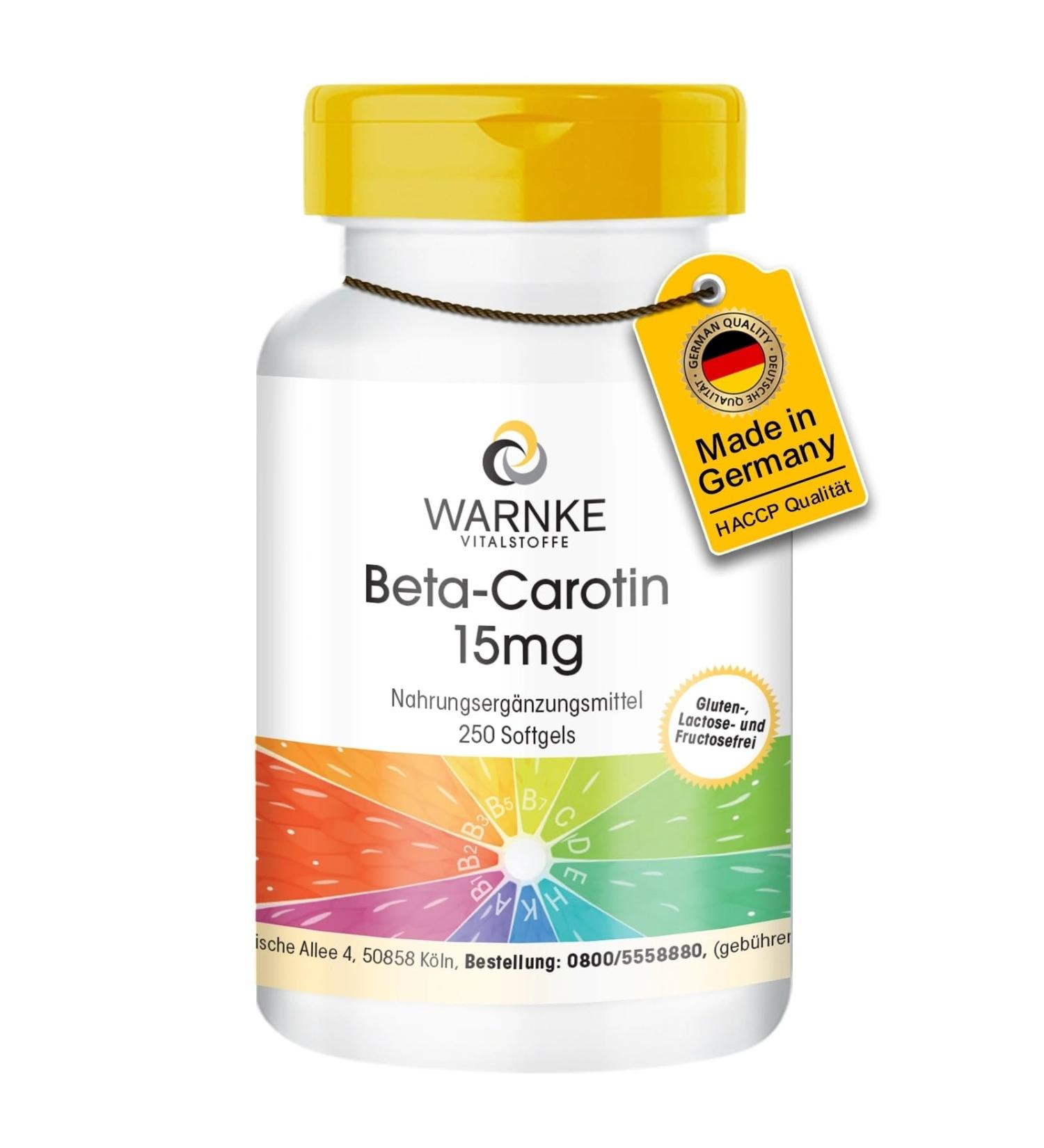 B ta-carot ne 15mg - 250 g lules - 15mg par g lule (correspond 25 000 UI) - Provitamine A - HAUTEMENT DOS - Qualit pharmaceutique allemande | Warnke Vitalstoffe - Buy Online on GoSupps.com