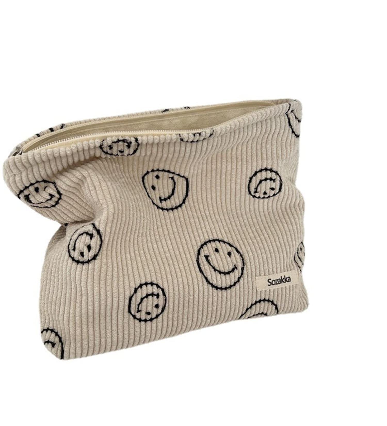 Corduroy Cosmetic Bag for Women | Aesthetic Handbags Purses | Smile Dots Makeup Organizer | Beige Makeup Bag for Girls - Buy Online on GoSupps.com