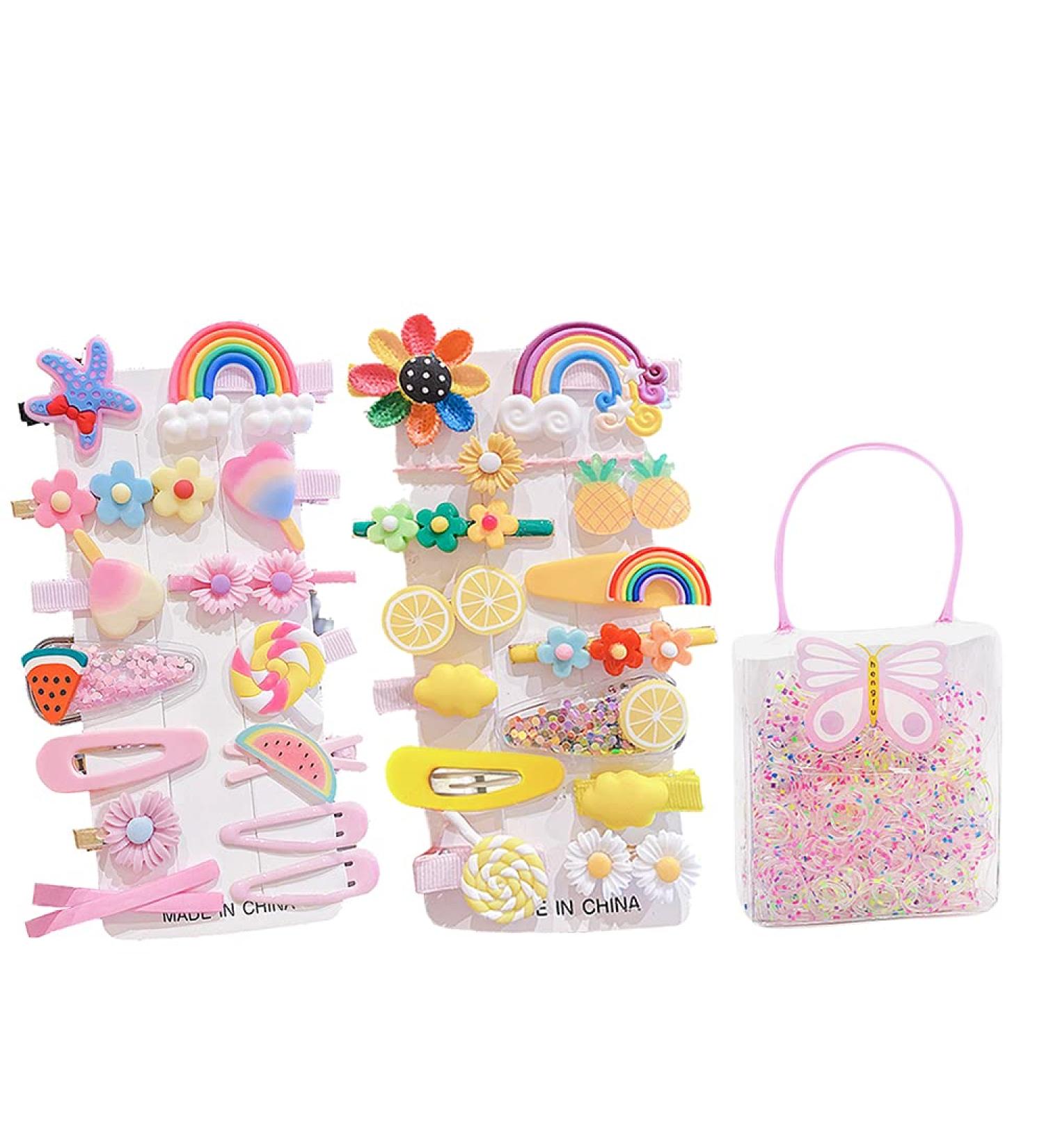 Haoh 28-Piece Colorful Hair Clips Set for Girls - Includes 800 Elastic Ties - Perfect for Long & Fine Hair - Rainbow & Flower Designs in Pink & Yellow - Buy Online on GoSupps.com